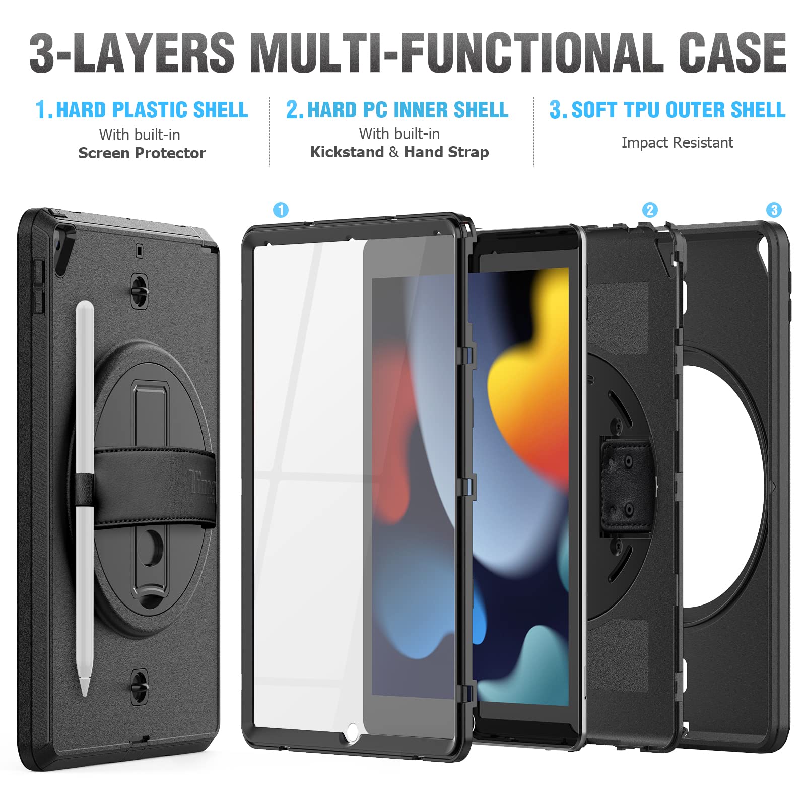 Timecity iPad 7th/8th/9th Generation Case (10.2 inch 2019-2021) - Heavy Duty Protective Cover with Built-in Screen Protector, Rotating Stand, Hand/Shoulder Straps & Apple Pencil Holder - Black | Perfect for Work, School & Travel