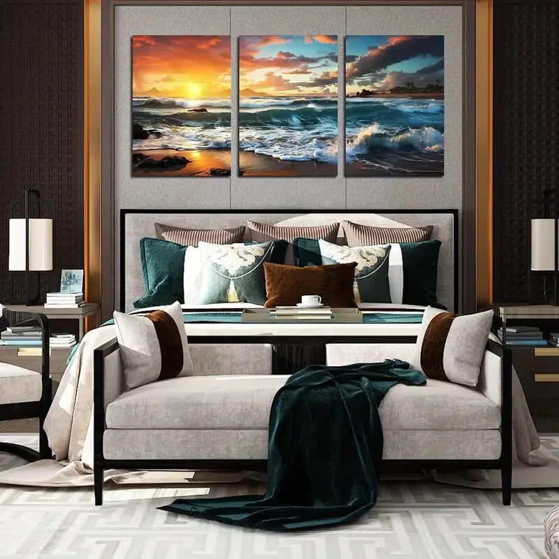 3-Piece Sunset Ocean Waves Metal Wall Art - Vibrant Ready-to-Hang Prints for Living Room, Bedroom & Office Decor