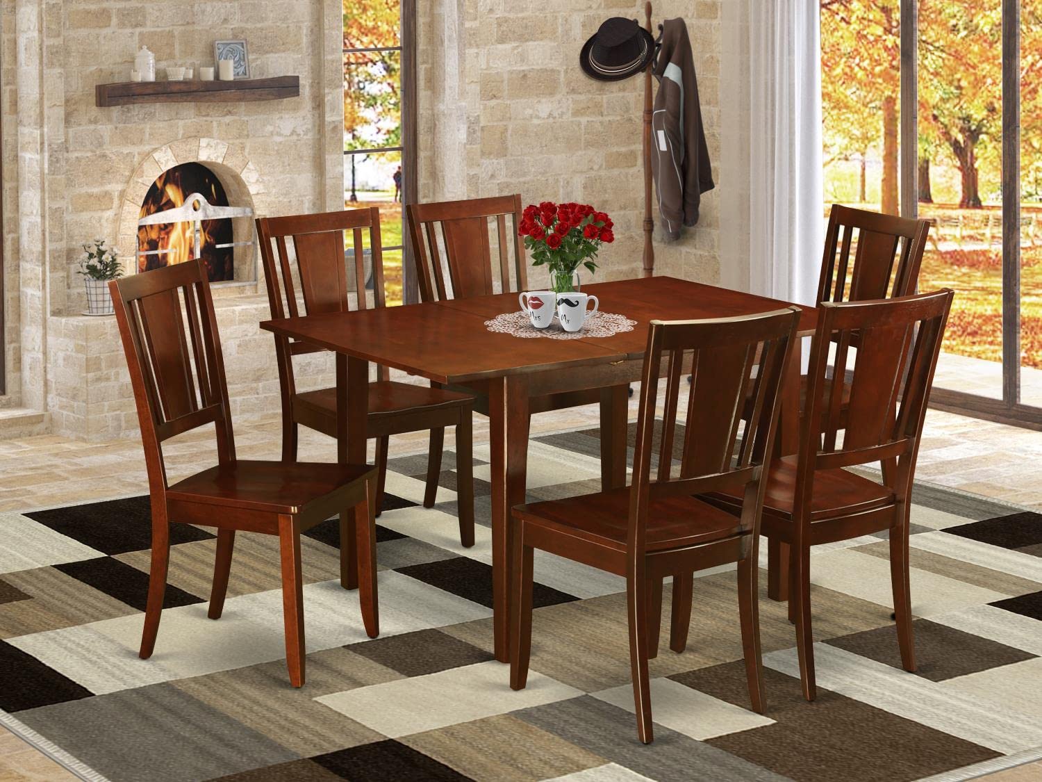 East West Furniture MLDU7-MAH-W 7-Piece Mahogany Dining Set with Extendable Table & 6 Chairs (36x54 Inch) - Perfect for Family Meals, Dinner Parties & Small Kitchen Spaces