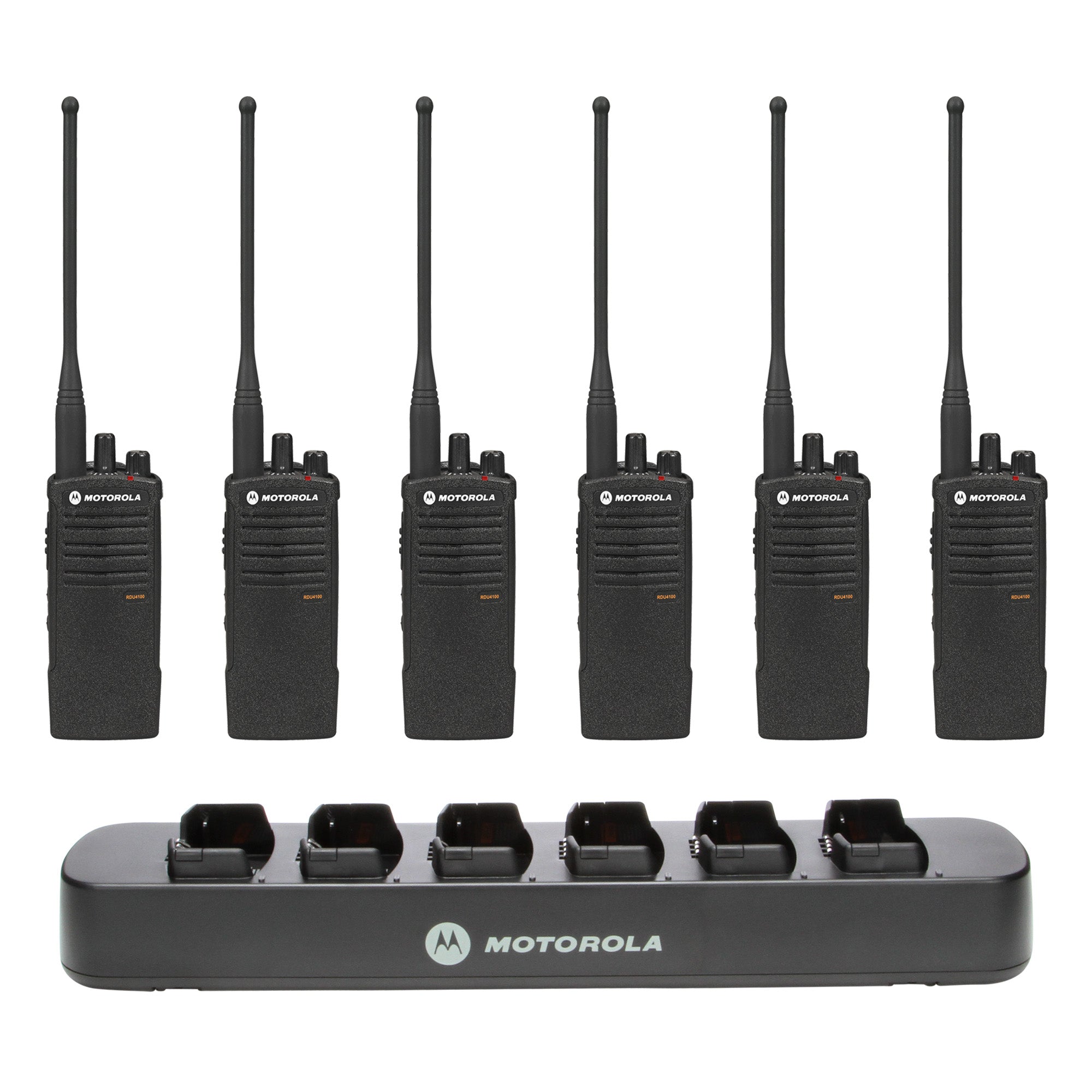 Motorola RDU4100 2-Way Radio 6 Pack Bundle with Multi-Unit Charger - Perfect for Construction, Warehouses & Outdoor Adventures