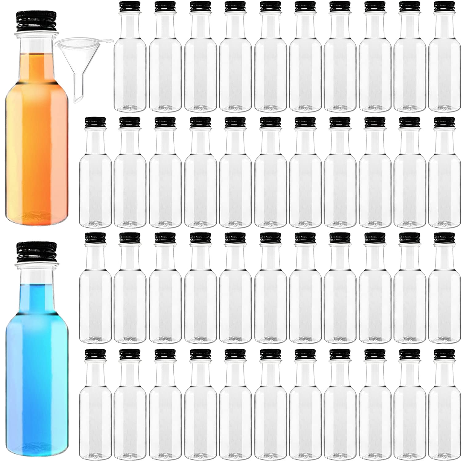 50 Pack 1.7oz Mini Liquor Bottles with Black Screw Caps - Reusable Plastic Alcohol Shot Bottles for Cocktails, Baby Showers, Weddings & Parties - Includes 10 Funnels for Easy Filling