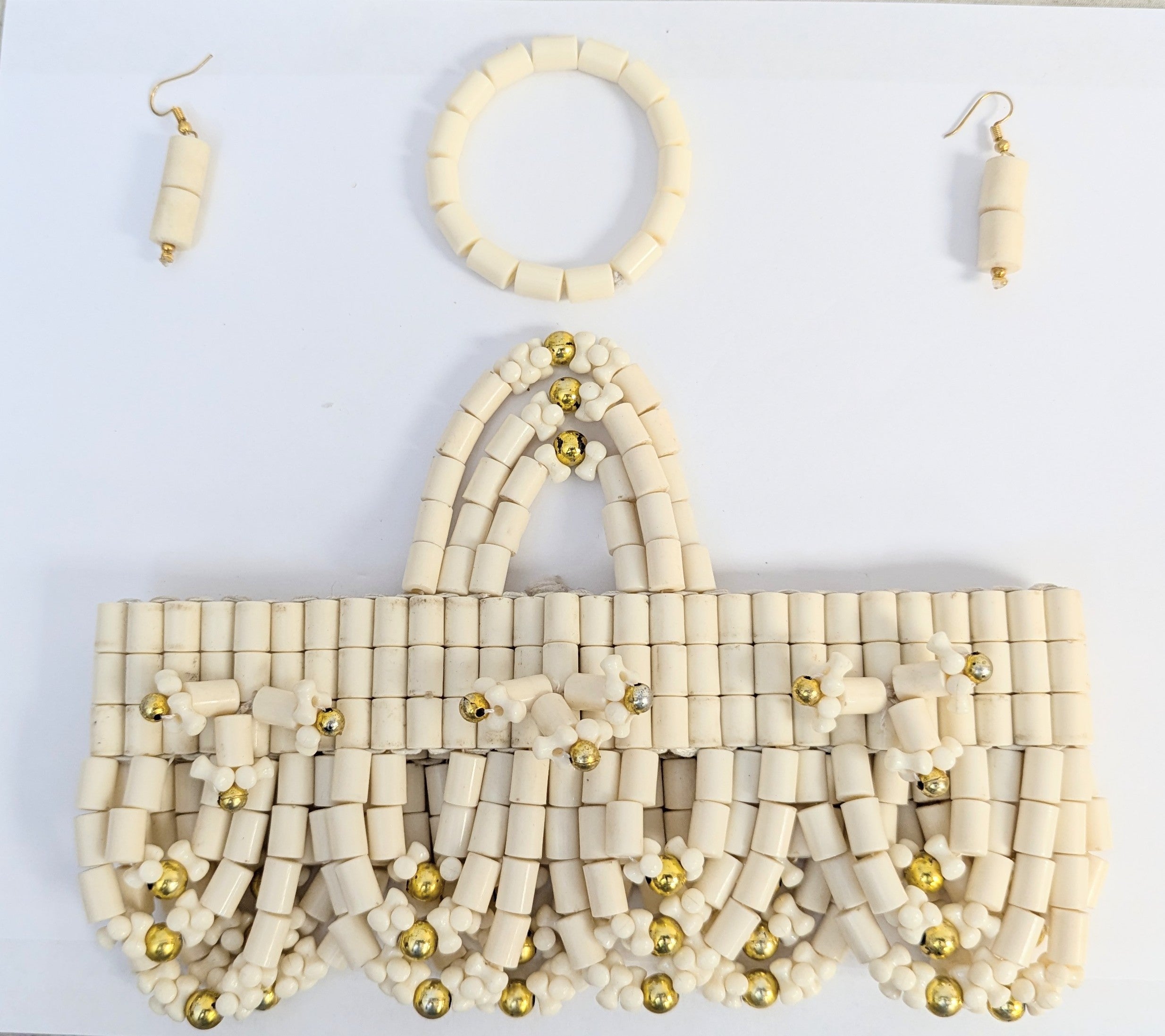 Authentic African Ivory & Gold Beaded Crown Bracelet & Earrings Set | Kelechi Igbo Edo Tribal Jewelry | Perfect for Weddings, Cultural Events & African Fashion