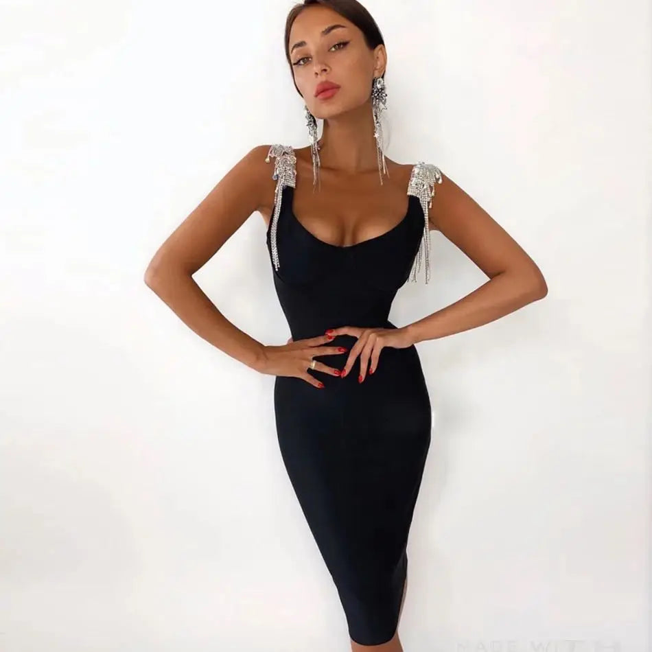 Black Pink Tassel Sleeve Rayon Bandage Dress - Elegant Cocktail Party Dress for Women | Perfect for Night Out, Club Wear, Date Night & Special Occasions