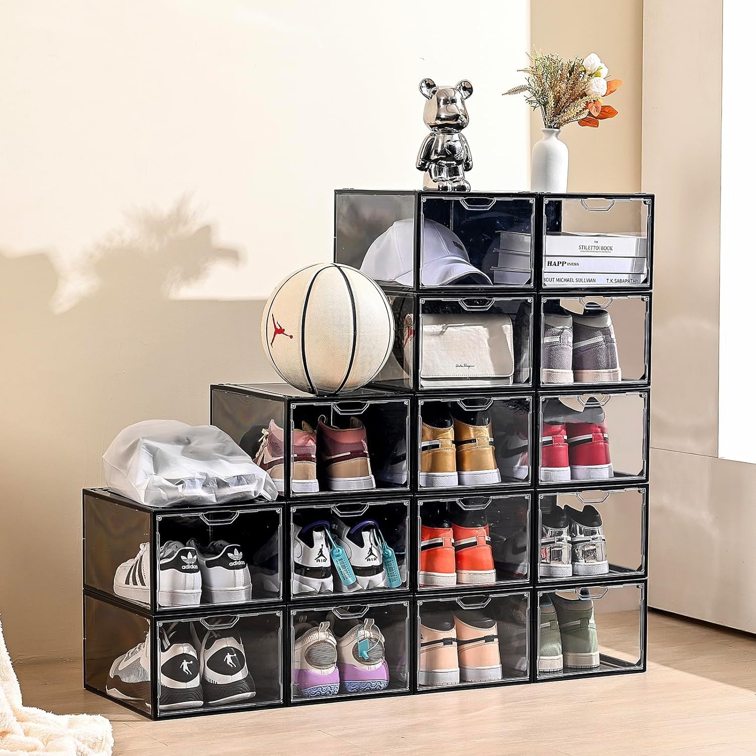Clear Stackable Shoe Storage Boxes - 9 Pack Shoe Organizer for Closet, Sneaker Display Case, Durable Plastic Shoe Box Fits Up to US Men's Size 12 | Perfect for Closet Organization, Sneaker Collection & Home Storage Solutions