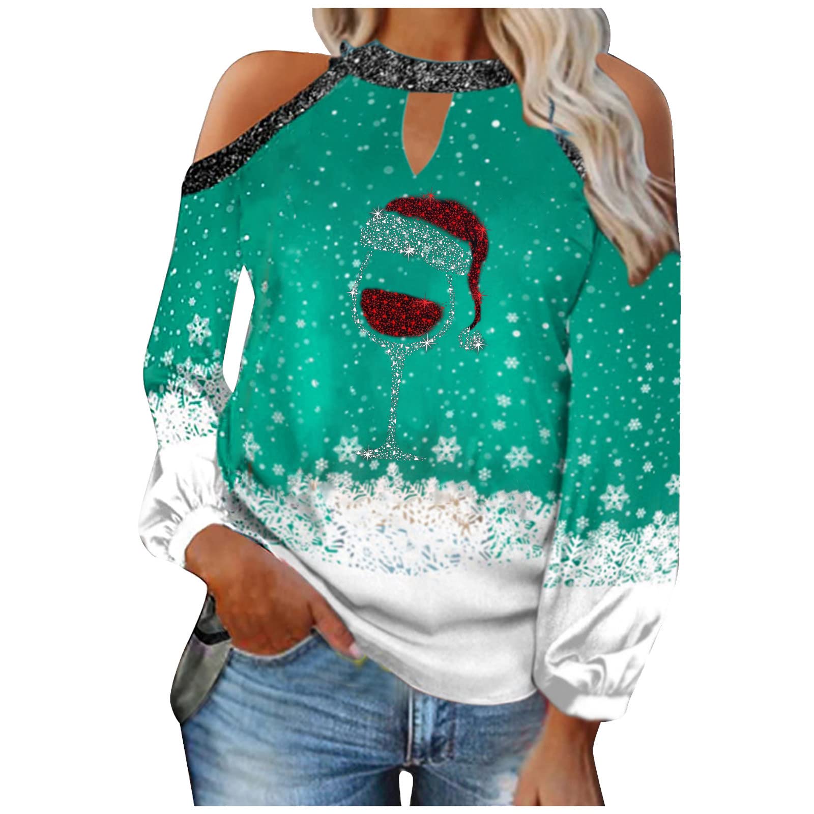Sparkly Sequin Tops for Women | Christmas Party T-Shirts | Cold Shoulder Blouses | Color Block Graphic Tees | Cute Casual Tops for Holiday Gatherings & Night Out