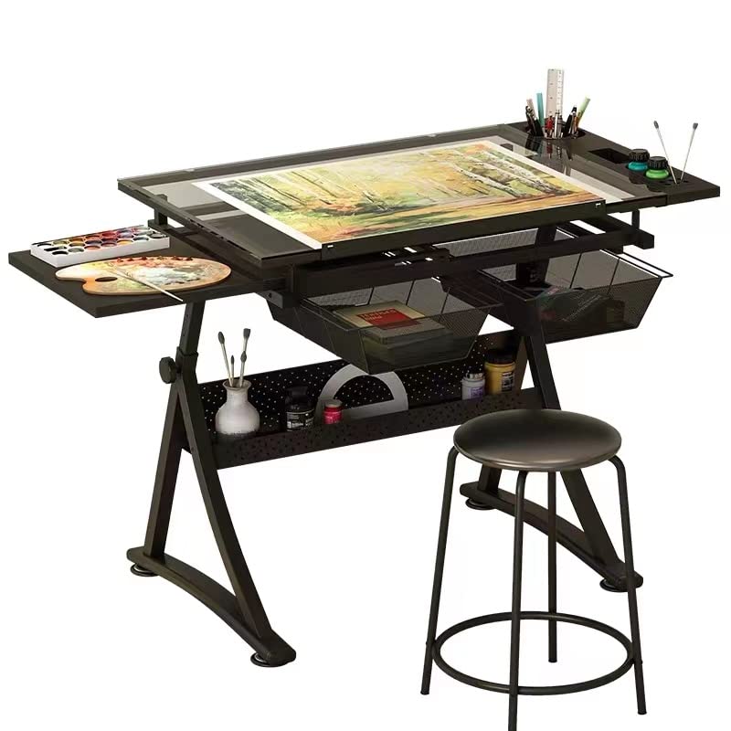 Professional Adjustable Glass Drafting Table - Art Drawing Desk with Glass Top for Artists, Crafters & Designers - Perfect for Studio, Home Office & School Use - Includes Drawers & Chair - Black