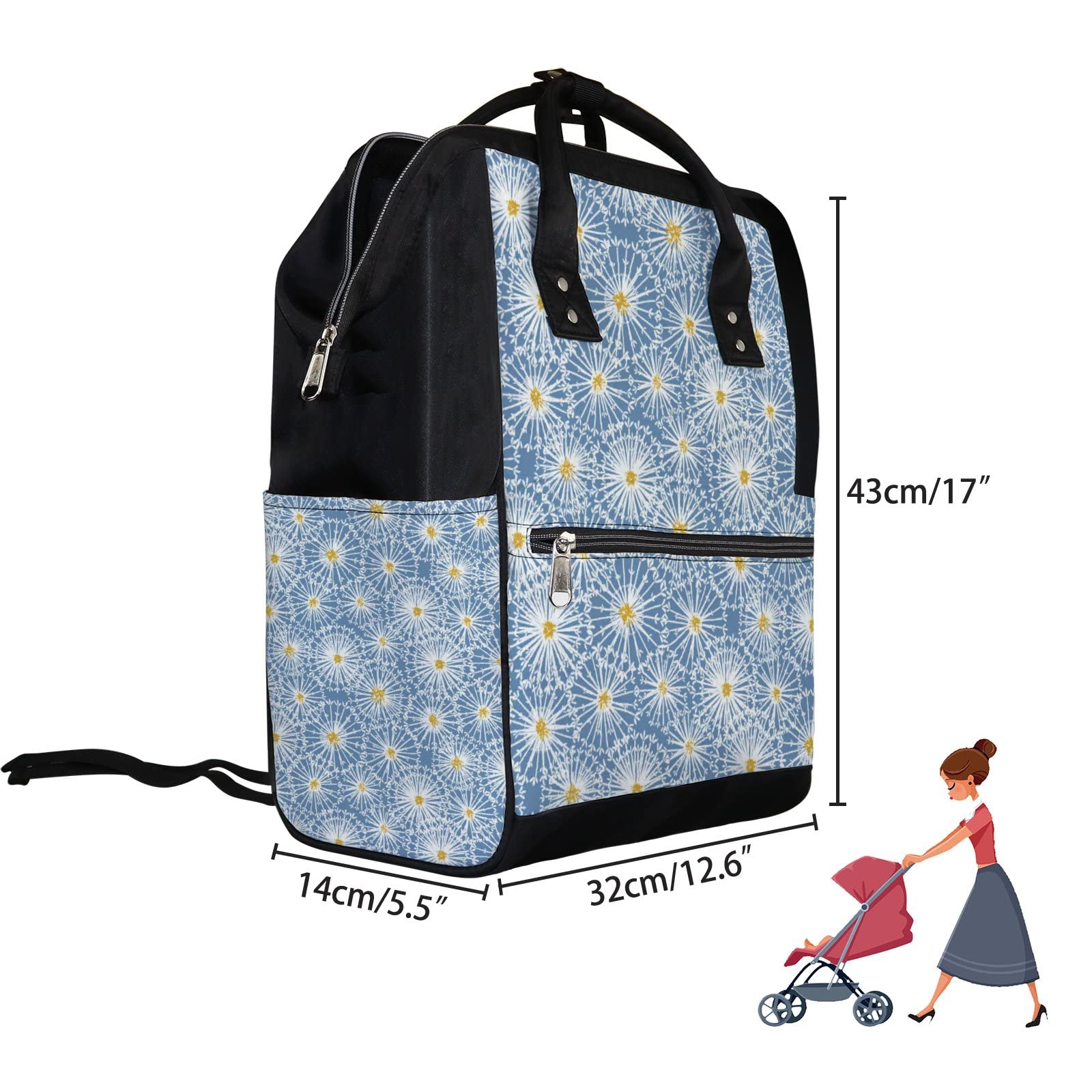 Waterproof Diaper Backpack for Travel - Large Capacity Baby Nappy Changing Bag with Laptop Compartment | Blue & White Dandelion Design | Durable Unisex Backpack for Parents (Perfect for Daycare, Outings & Family Trips)