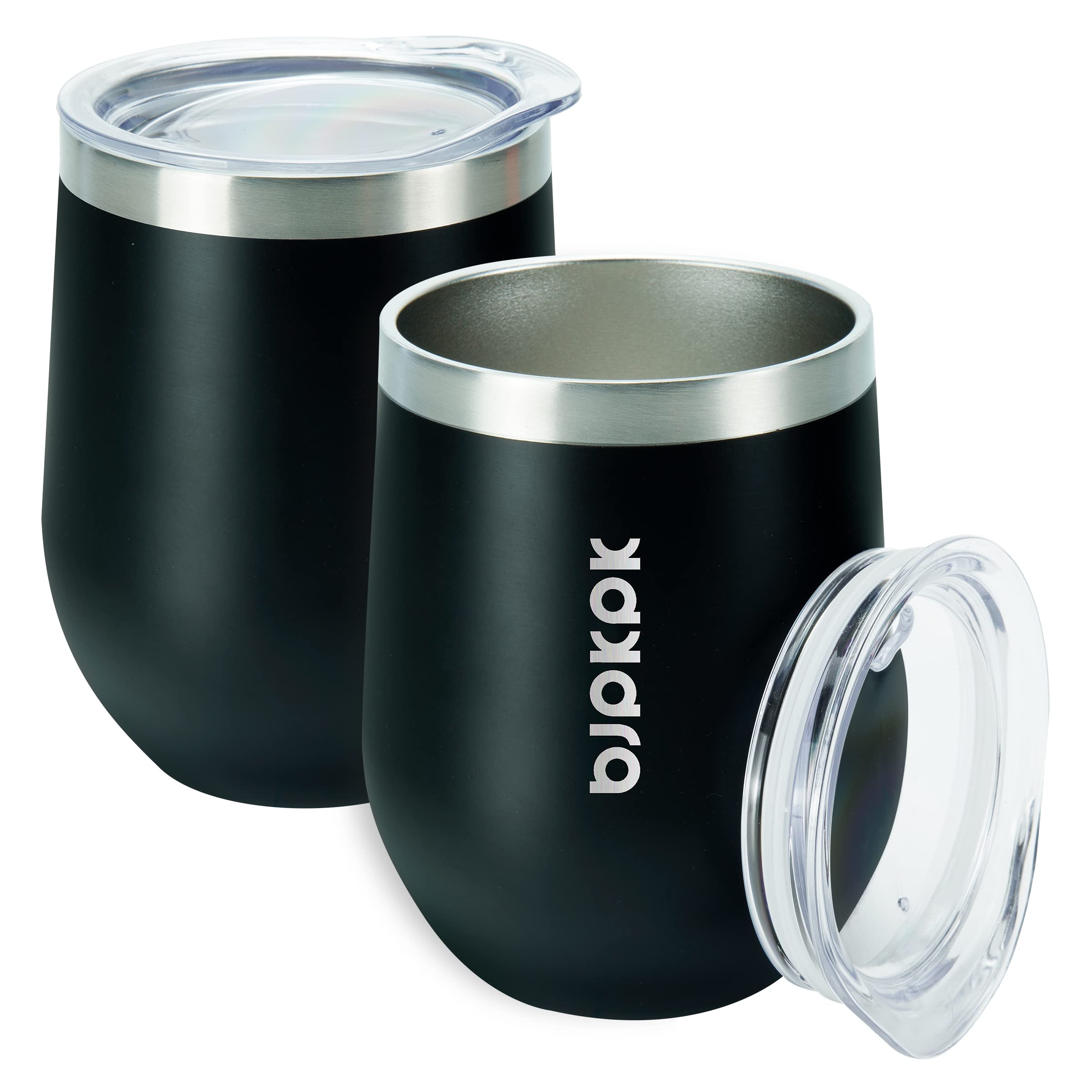 BJPKPK 2-Pack 12oz Insulated Stainless Steel Wine Tumblers & Coffee Mugs - Double Wall Vacuum Insulation, Leak-Proof Lid - Unbreakable Travel Wine Glasses for Home, Office, Camping & Outdoor Activities (Black)