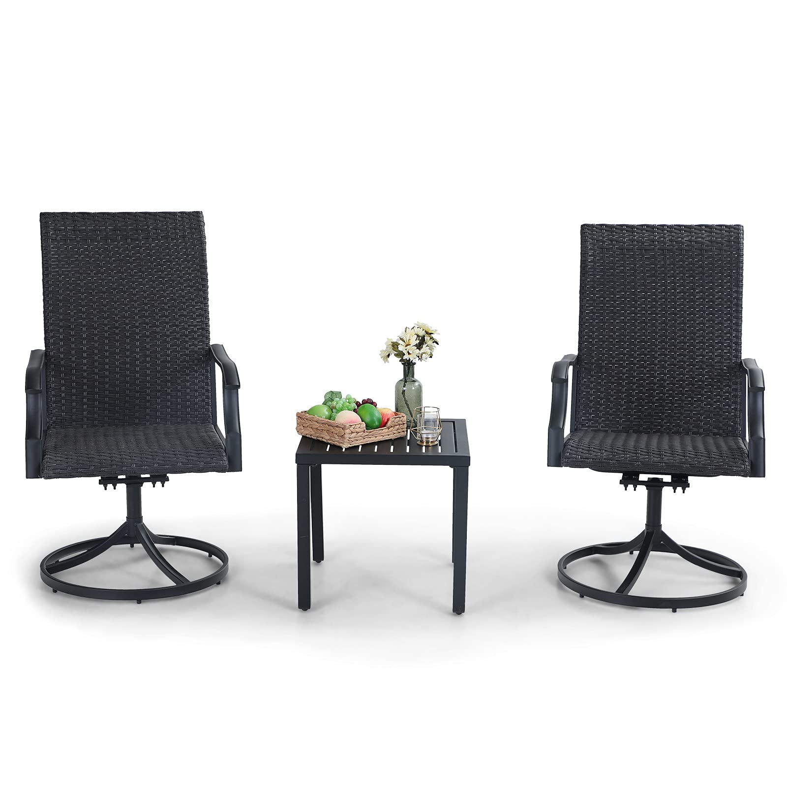 MFSTUDIO 3-Piece Outdoor Patio Furniture Set - Black Metal Square Bistro Table with 2 Swivel Dining Chairs - Adjustable Height Coffee Tea Table for Garden, Balcony, Backyard & Small Spaces