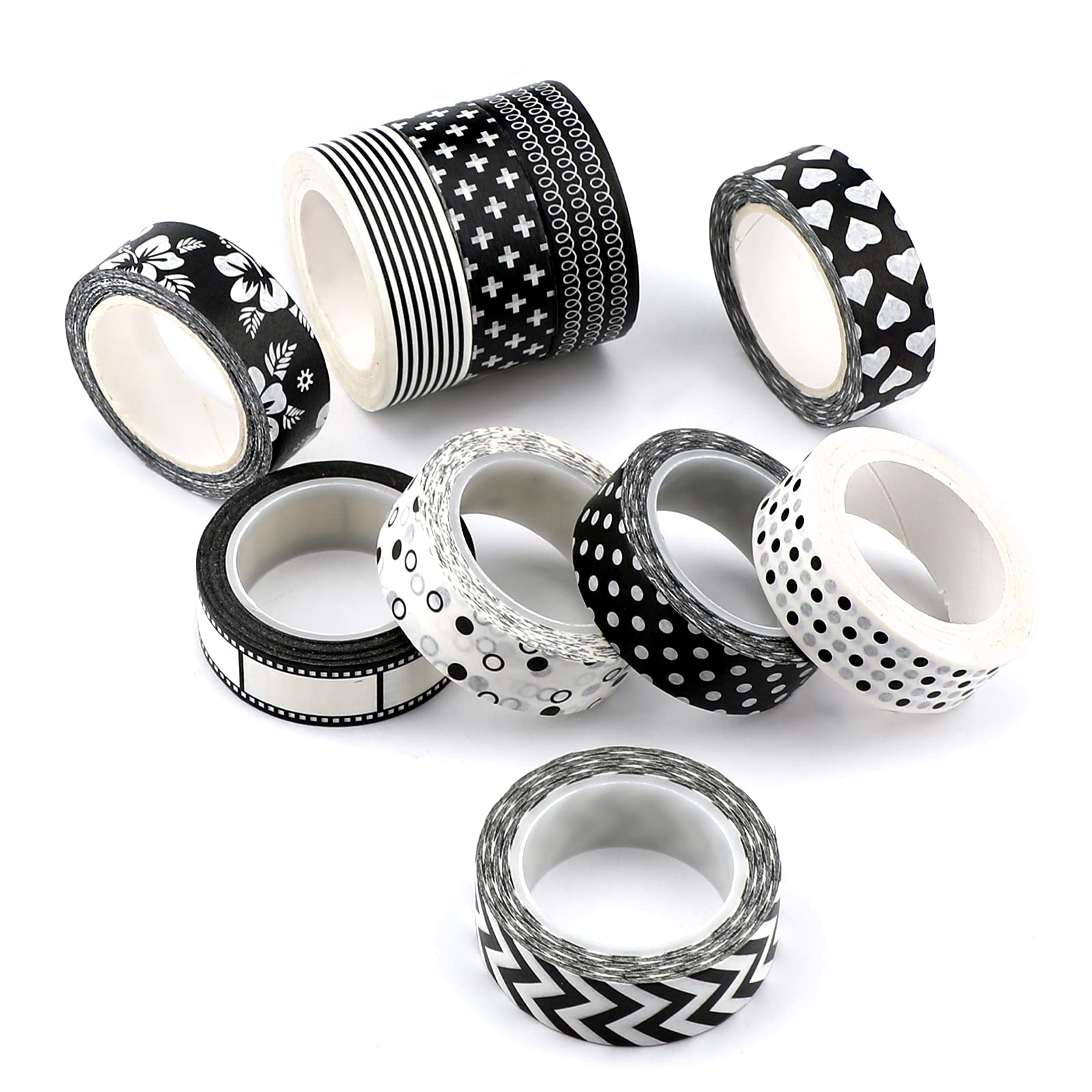 SAVITA 10 Rolls 15mm Black and White Washi Tape Set - Decorative Masking Tape for DIY Crafts, Scrapbooking, Bullet Journaling & Kids Art Projects - Perfect for Home, Office & School Decorations
