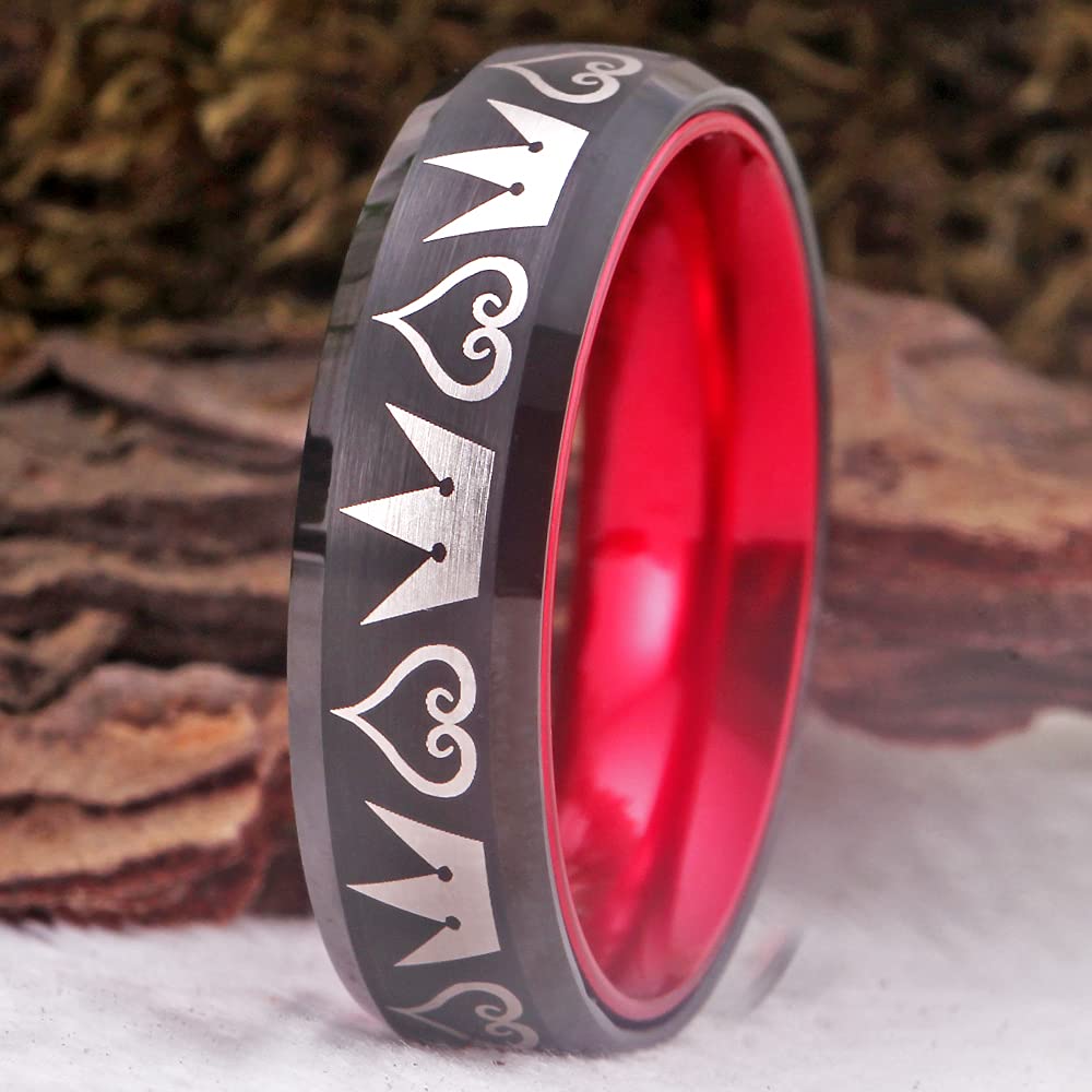 Kingdom Hearts & Crowns Design Cosplay Ring - 8mm Wide Red & Black Tungsten Wedding Band with Matte Finish & Beveled Edges - Free Custom Engraving - Perfect for Cosplay, Anime Conventions, and Gothic Weddings