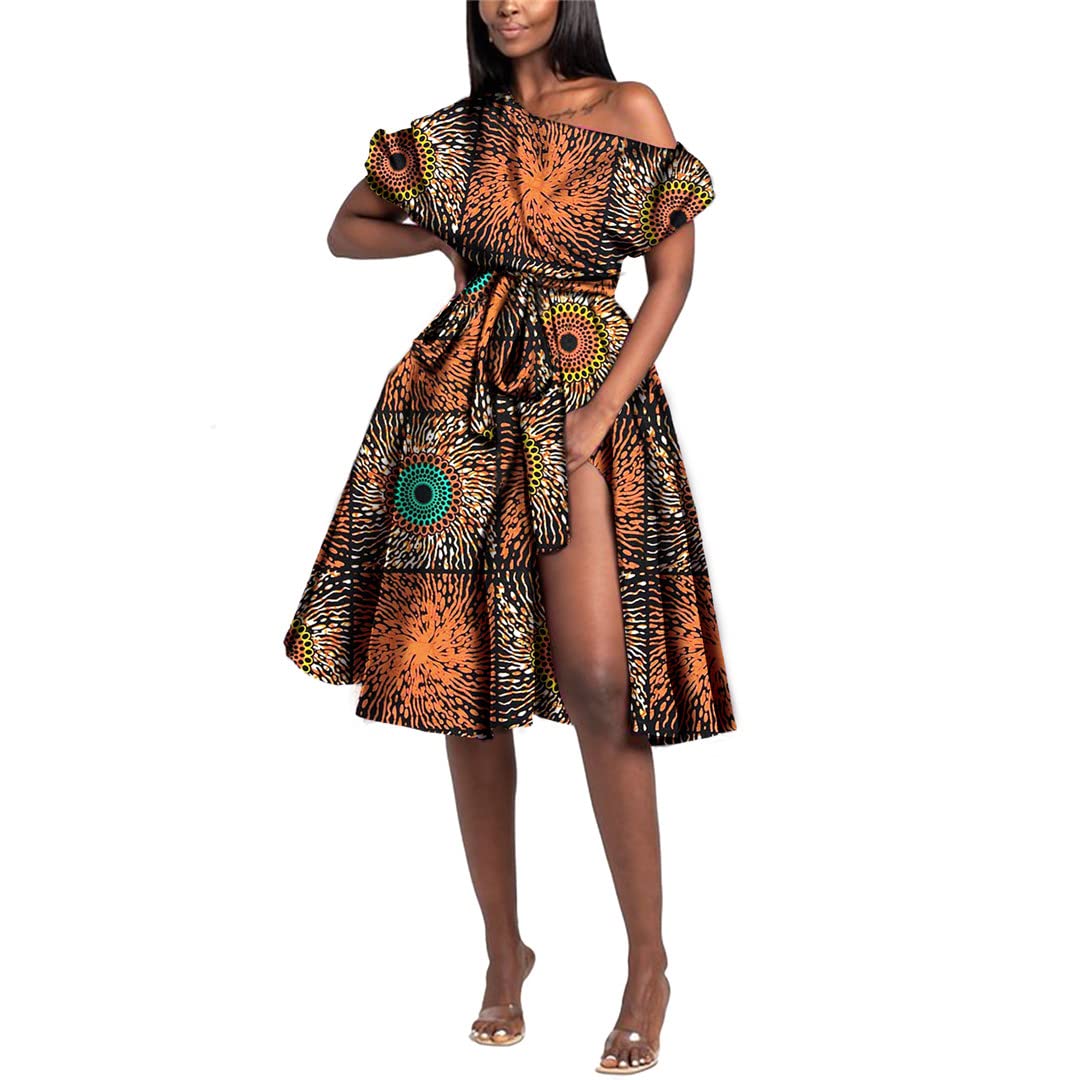 Stylish African Print Off Shoulder High Waist Party Dress for Women - Plus Size with Belt (XL) | Perfect for Weddings, Cultural Events & Special Occasions