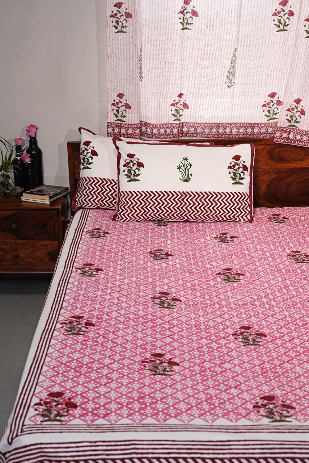 Rosy Dream Weaver Hand Block Printed Cotton Percale Bedsheet Set - 100% Organic Cotton Luxury Bedding for Home & Hotel Use - Soft Breathable Sheets for Ultimate Comfort & Relaxation