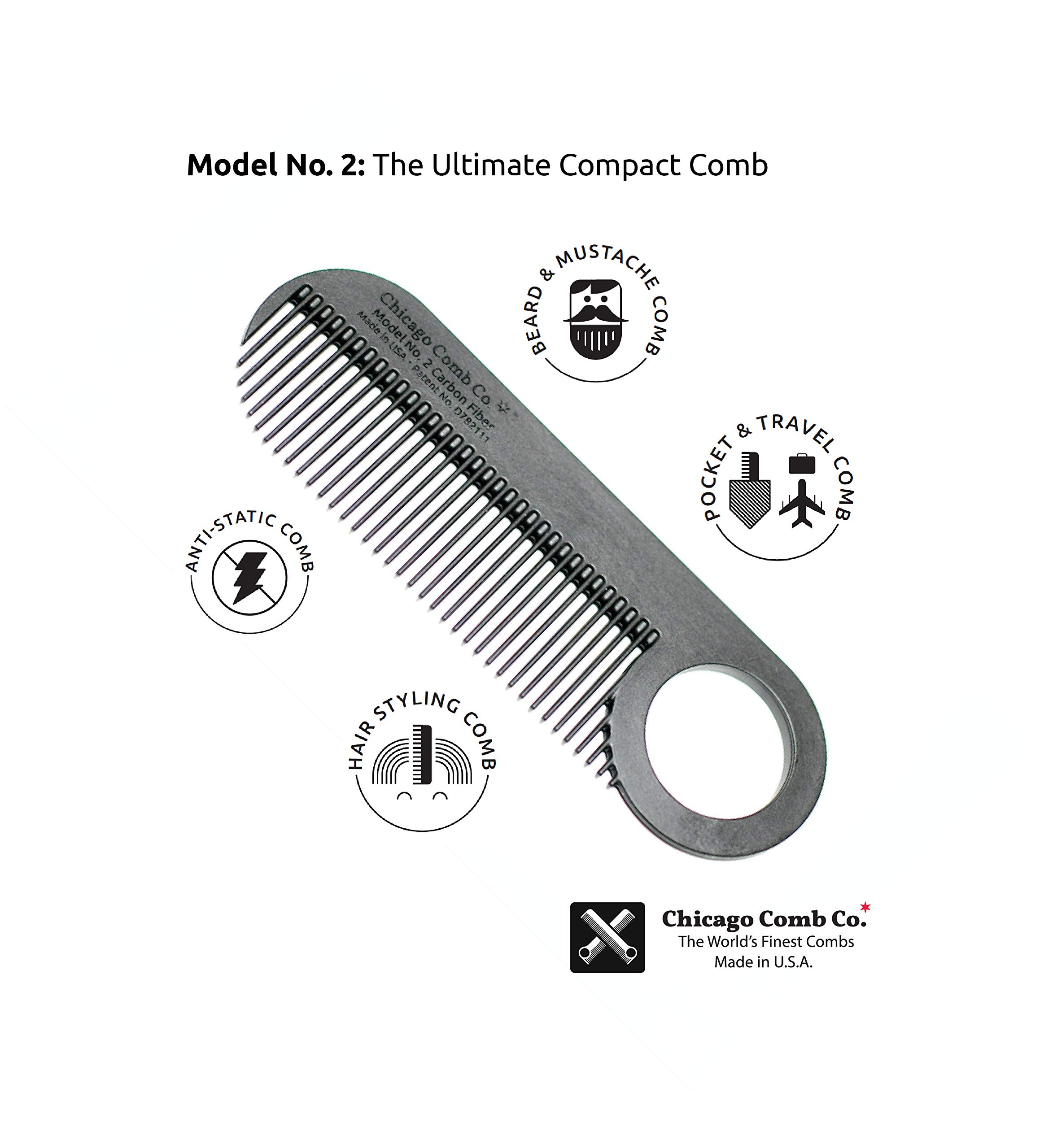 Premium Chicago Comb No. 2 - Carbon Fiber Comb with Black Horween Leather Sheath - Made in USA - Graphite Black & Dublin Black - Perfect for Travel, Grooming & Everyday Carry (EDC)