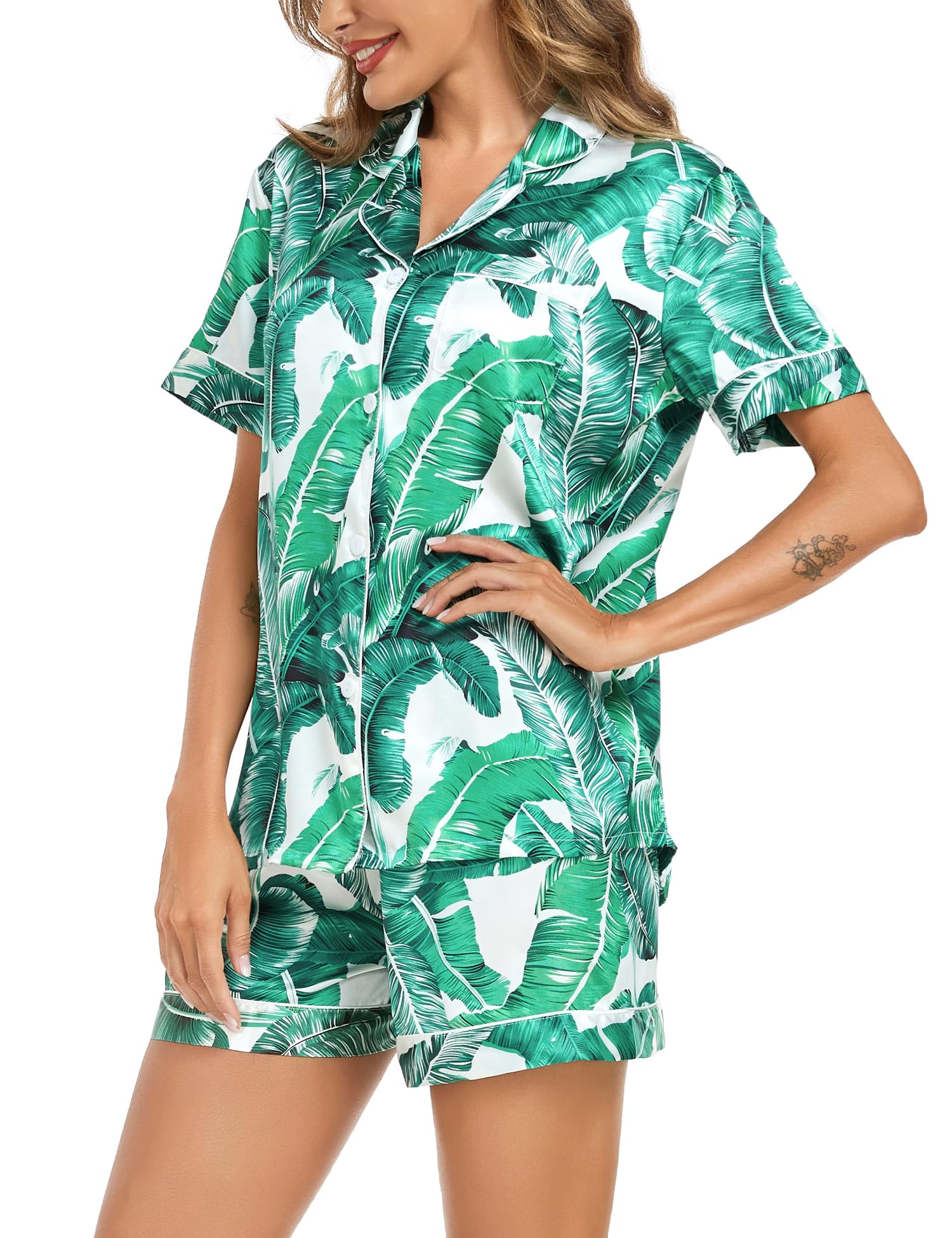 SWOMOG Couple Matching Pajamas Sets - Women & Men's Silk Button Down PJS Short Sleeve Soft Lounge Wear 2-Piece Set | Romantic Sleepwear, Anniversary Gifts, Valentine's Day Outfits