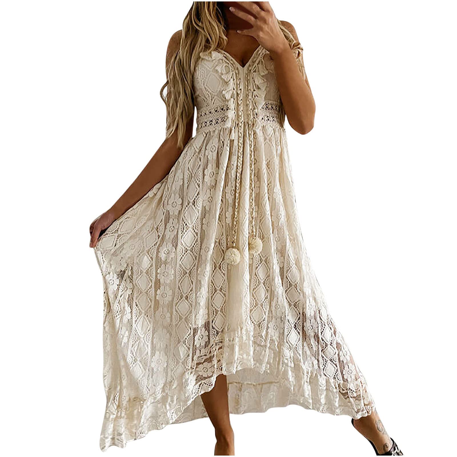 Sexy Women's Summer Beach Dress - V-Neck Sleeveless Hollow Out Lace Tassel Swing Maxi Dress | Perfect for Vacation, Pool Party & Boho Outfit