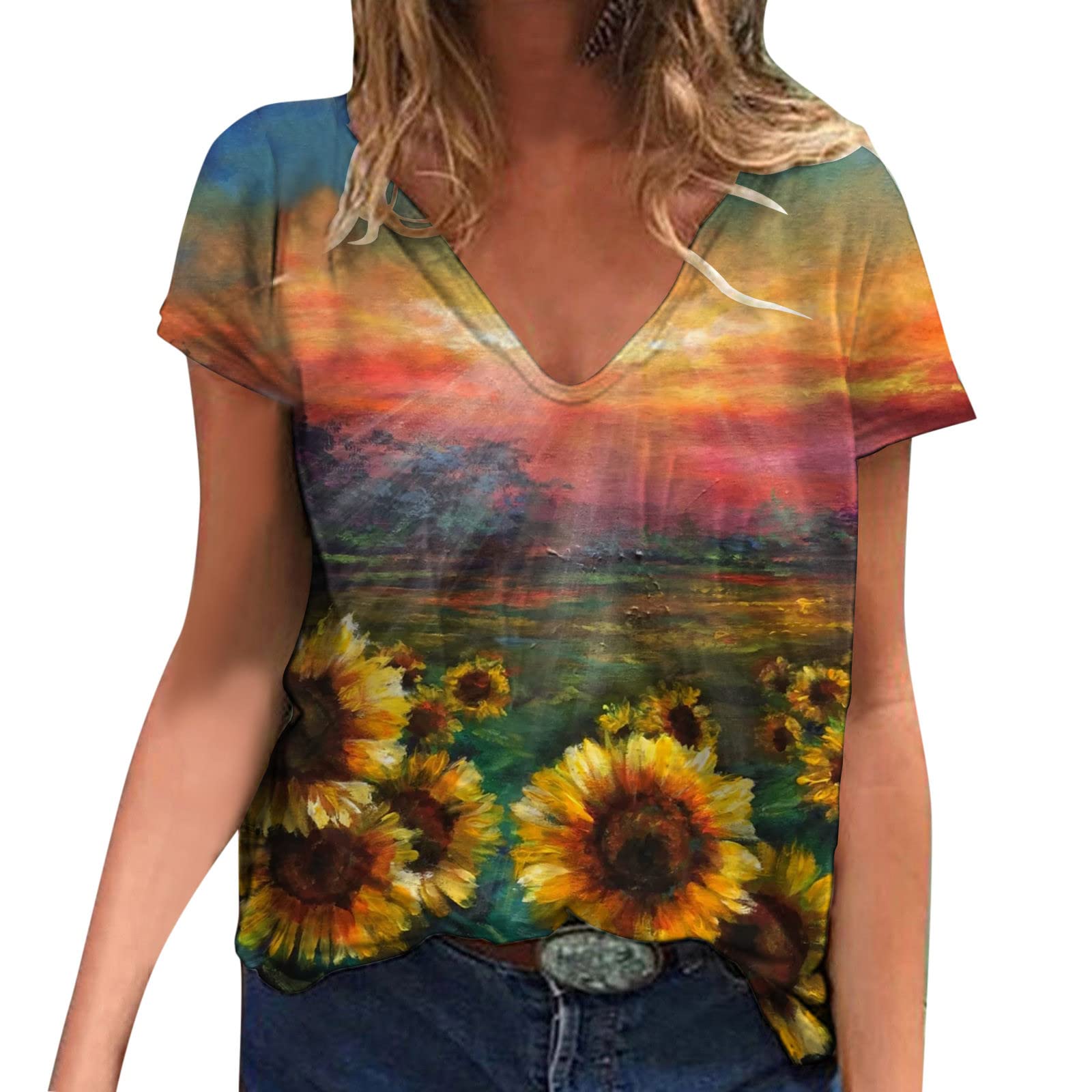 Women's Casual T-Shirts - Short Sleeve Loose Crewneck Tunic Tops with Color Block Design | Spring Blouses for Work, Weekend & Everyday Wear