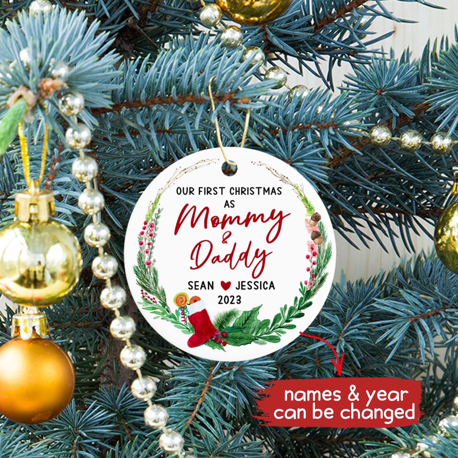 Personalized Our First Christmas as Mommy and Daddy Ornament 2025 - Custom New Parents Christmas Tree Decoration for Couples & Baby's First Xmas - Perfect for Holiday Gifts, Family Tree Decor, and New Parent Celebrations