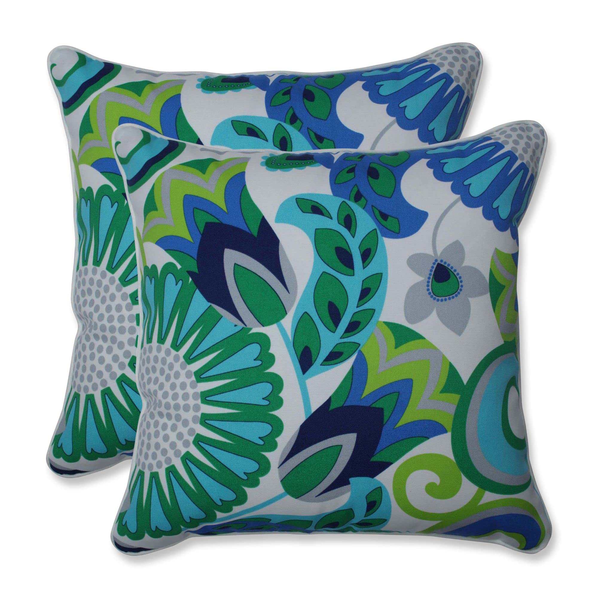 Set of 2 Teal Blue and Green Floral UV Resistant Outdoor Patio Throw Pillows 18.5