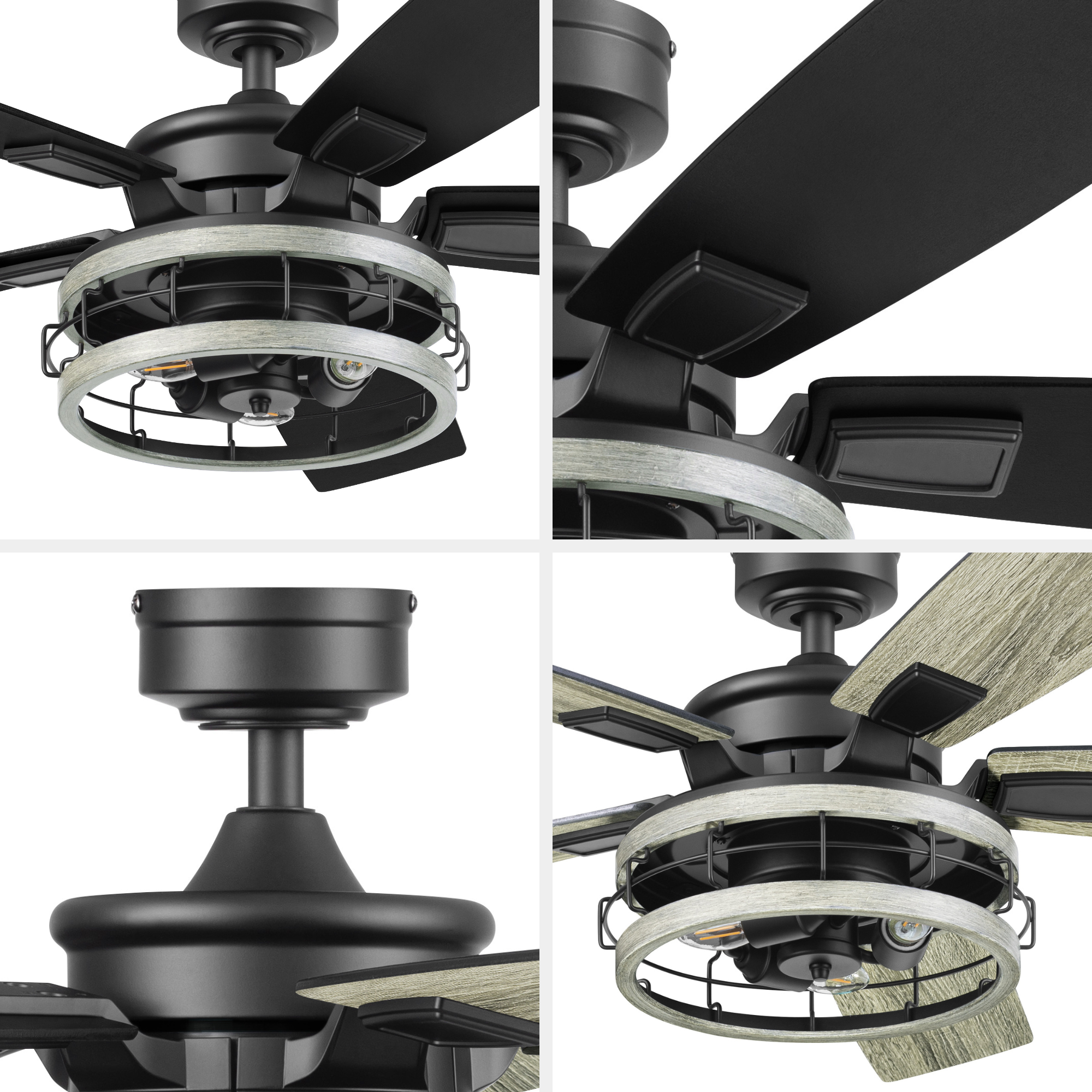52 Inch Honeywell Carnegie Matte Black Ceiling Fan with Gray Cage Light & Remote Control - Perfect for Living Room, Bedroom, and Outdoor Covered Patio