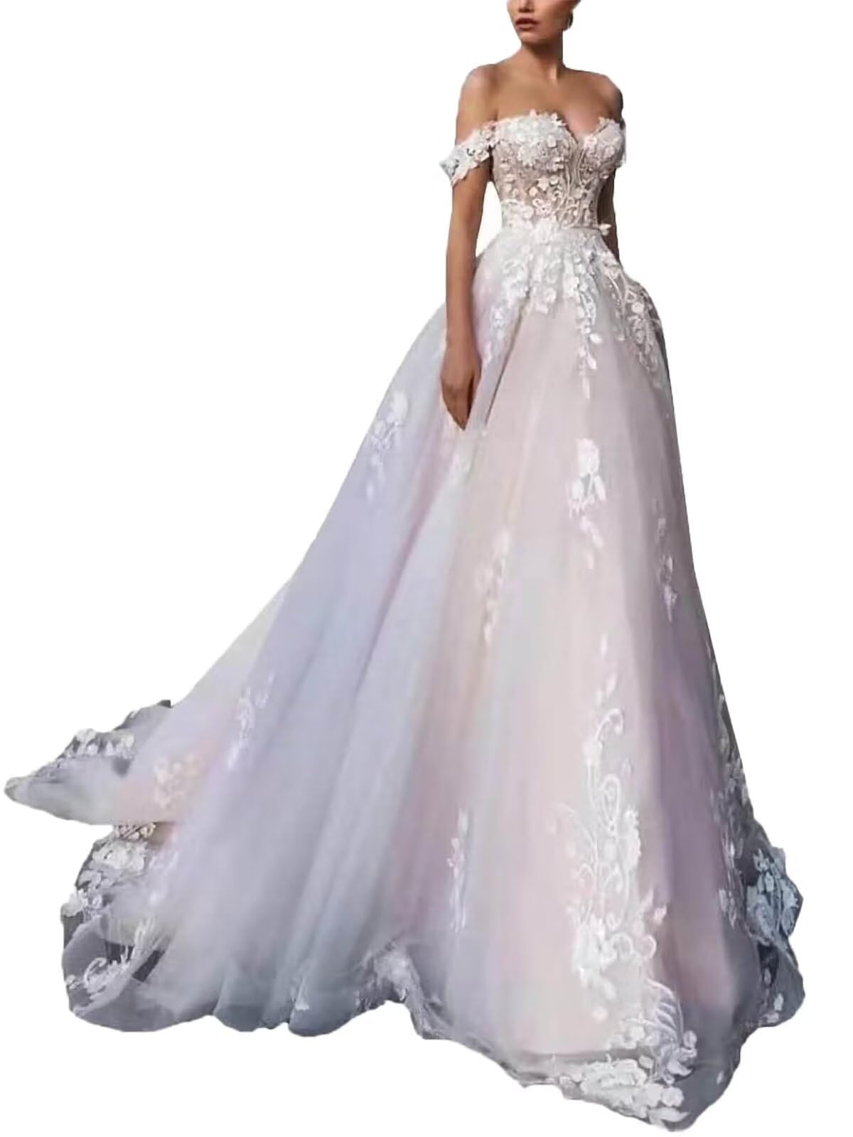 Elegant A-Line Off Shoulder Long Lace Wedding Dress with Corset Back - Classic Bridal Gown for Women | Perfect for Church Ceremonies, Beach Weddings & Formal Receptions
