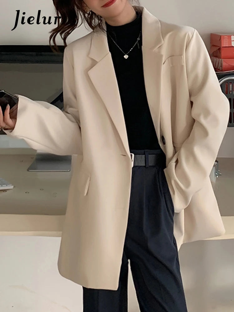 Premium Black Blazer for Women - Elegant Office & Casual Long Coat Jacket - Autumn Fashion Outerwear - Khaki & Apricot Colors - Size M XXL - Perfect for Work, Business Meetings, and Evening Events