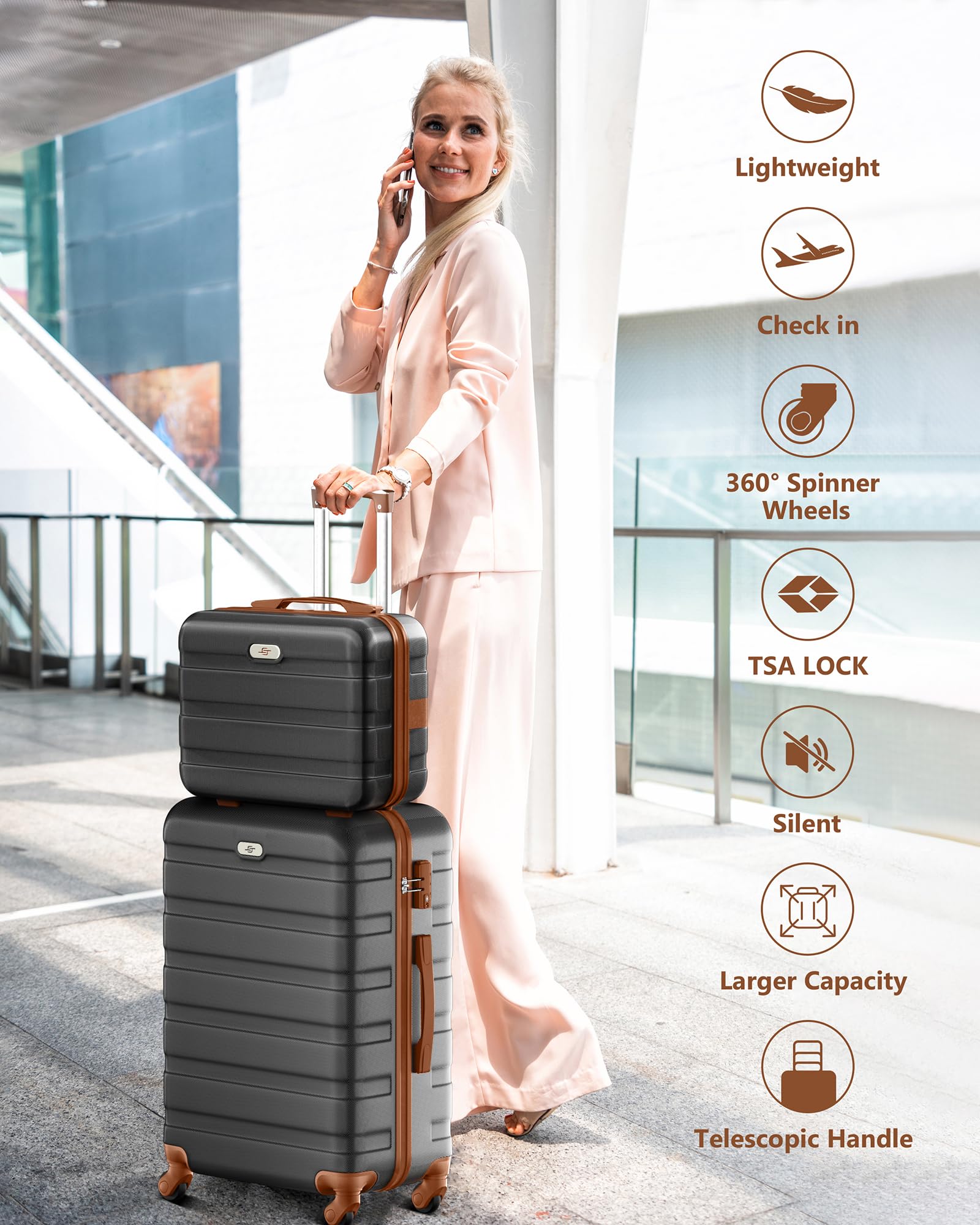 Premium 3-Piece Hard Shell Luggage Set with TSA Lock & 360° Spinner Wheels - Lightweight Suitcases for Travel, Business Trips & Vacations (6-Piece Set Included) - Perfect for Air Travel, Road Trips & Family Getaways