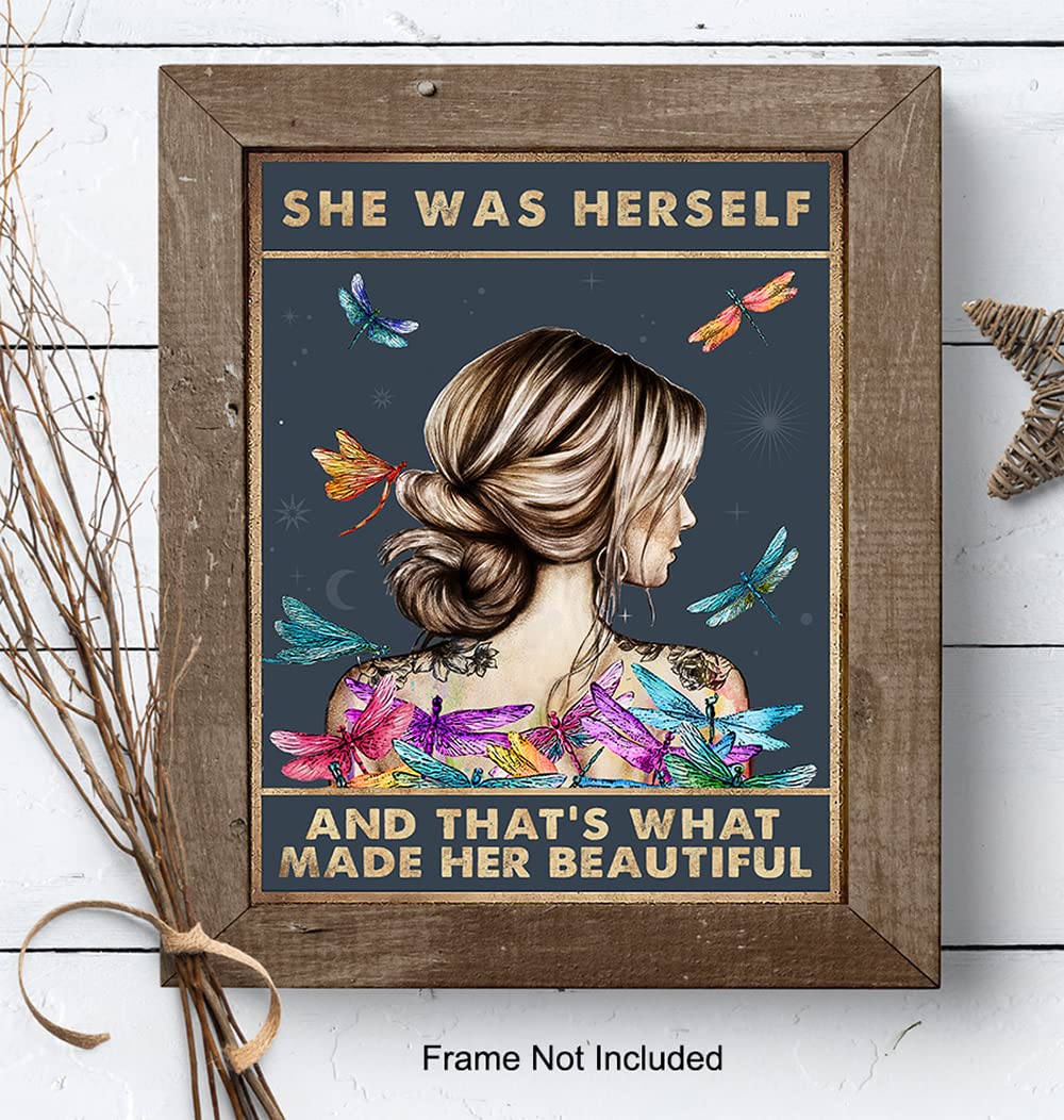 Positive Quotes Wall Art - Uplifting Inspirational Sayings Decor - Encouragement Gifts for Women & Teen Girls - Boho Bohemian Dragonfly Bedroom Poster - Motivational Wall Sign for Home Office, Living Room & Dorm Decor