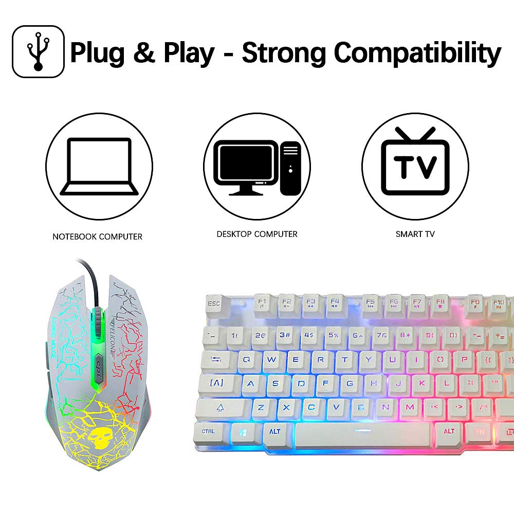 Rainbow Backlit USB Gaming Keyboard with US Layout T6 + 2400DPI 6-Button Optical Rainbow LED Gaming Mouse + Mouse Pad Set, 104 Key Semi-Mechanical Keycaps for Mac/Windows (White) - Perfect for PC Gaming, Office Work, and Typing
