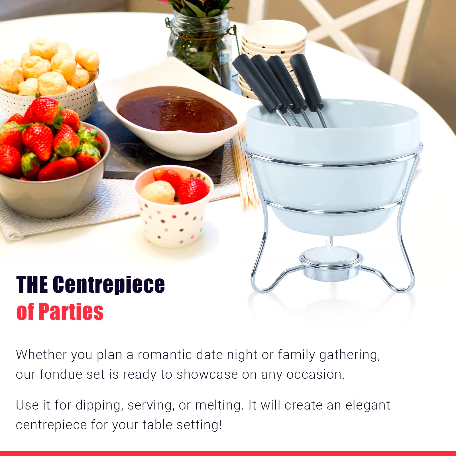 Premium Chocolate Fondue Pot Set with 4 Stainless Steel Dipping Forks & Tea Light Candle Holder - Perfect for Valentine's Day Gifts, Romantic Dinners, Parties & Family Gatherings - Ideal for Melting Chocolate, Cheese & Butter