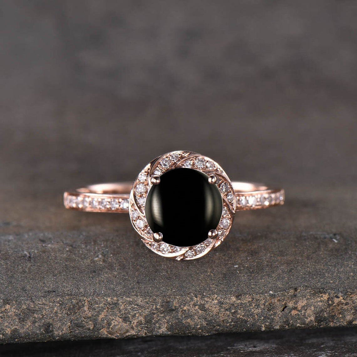 Natural Black Onyx Diamond Halo Wedding Ring for Women - Elegant Bridal Jewelry for Engagement, Anniversary & Special Occasions