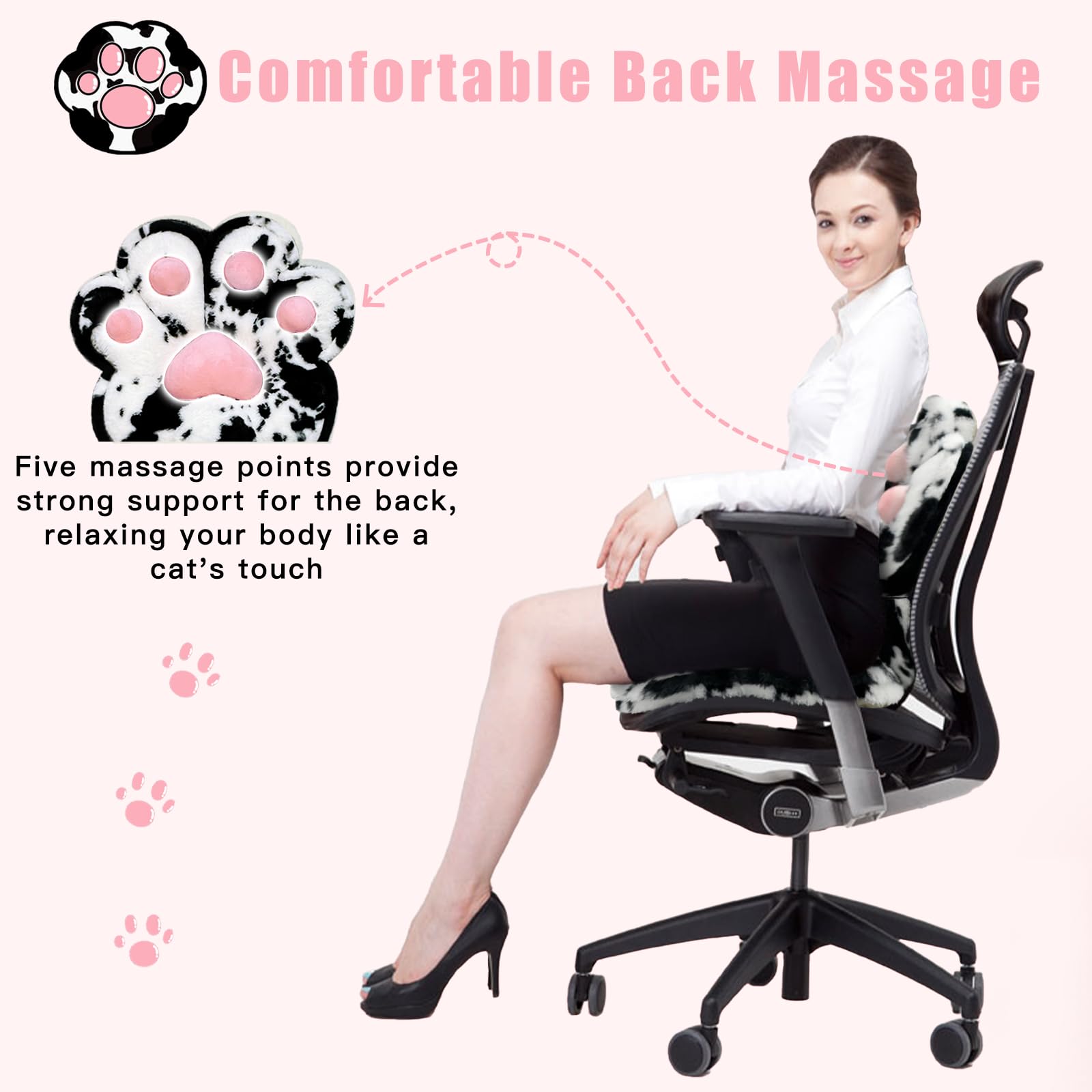 L-Shaped Cat Paw Cushion - Soft Faux Rabbit Fur Gaming Chair Pillow, Kawaii Office Desk Cushion, Plush Seat Pad for Home Decor & Room Aesthetics - Perfect for Gaming Setups, Workstations & Cozy Living Spaces (Cow Print)