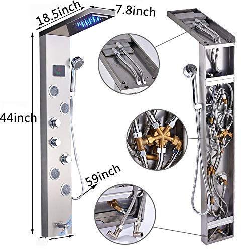Brushed Nickel LED Shower Panel System with Waterfall Rain & Spa Massage Sprayer - Wall Mounted Shower Column for Luxury Bathroom Upgrade | Perfect for Modern Home Spa Experience & Relaxing Rainfall Shower