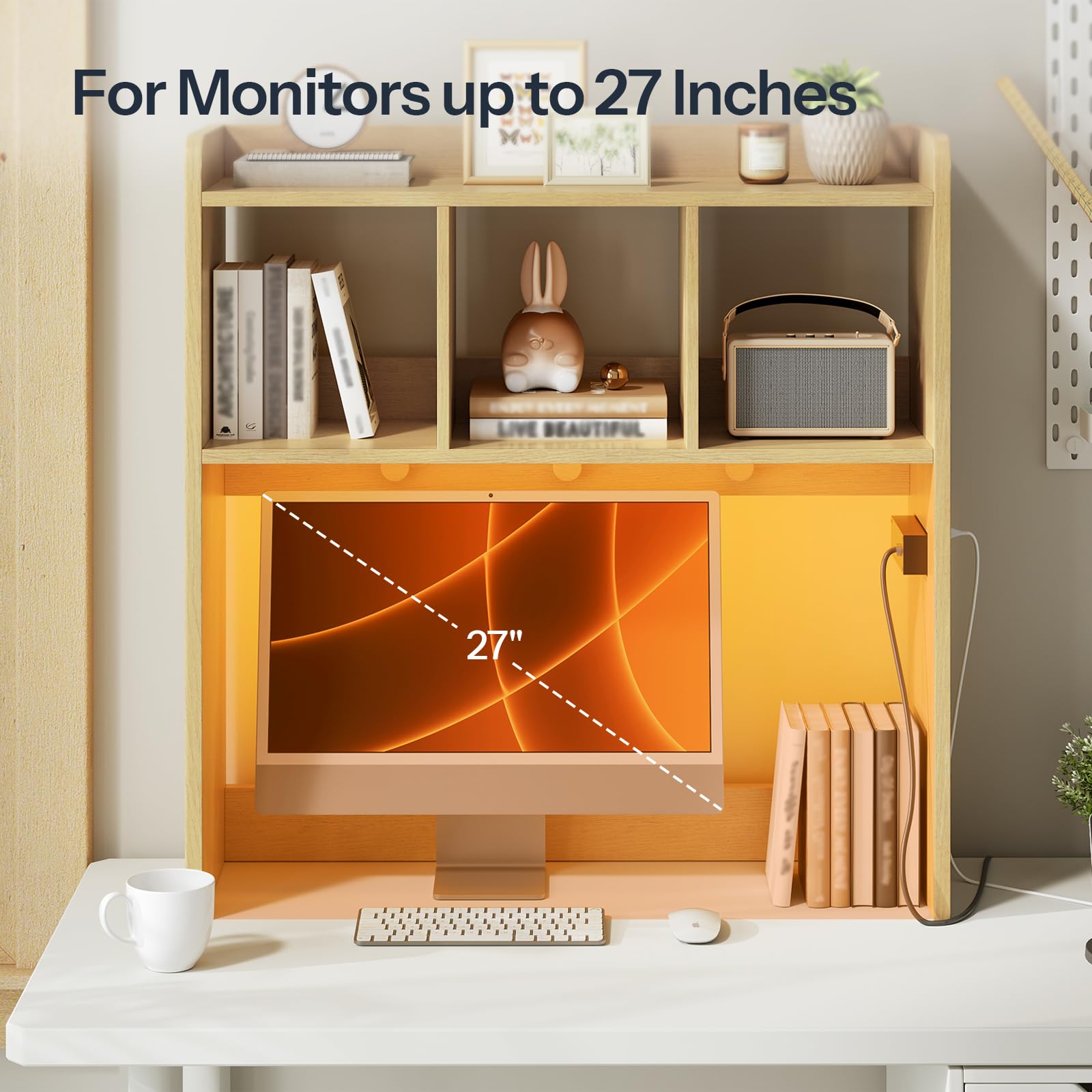 HOOBRO Wooden Desktop Bookshelf with LED Light Strip & 3 Hooks - Office Desk Organizer with Built-in Outlets - Perfect for Home Office, Study Room & Workspace Organization (Natural NL12UDSJ01)