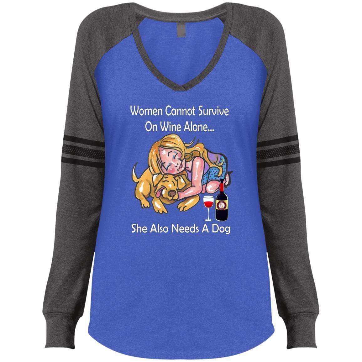 WineyBitches.co Women's Funny Graphic T-Shirt - 'Cannot Survive On Wine Alone' Slogan with White Lettering, V-Neck Long Sleeve Tee for Wine Lovers, Girls Night Out, Bachelorette Parties & Casual Wear