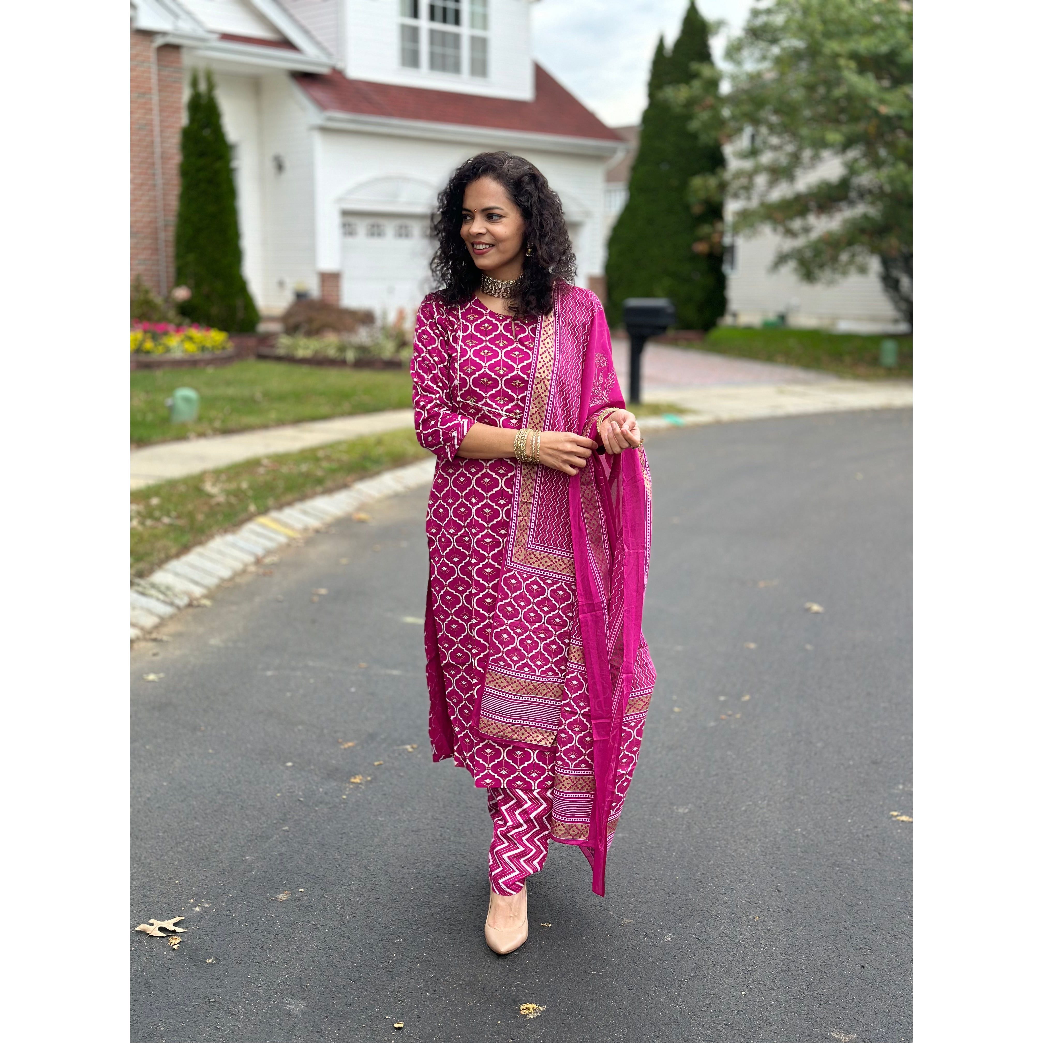 Elegant Pink and Gold Embroidered Kurta Set for Women | Festive Ethnic Wear | Perfect for Diwali, Weddings & Special Occasions
