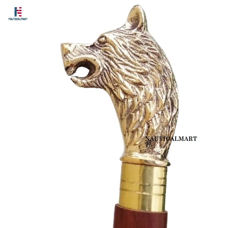 Handmade Wolf Head Brass Handle Walking Cane - Gothic Halloween Costume Accessory, Unique Gift for Lovers & Cosplay Enthusiasts | Perfect for Cosplay, Costume Parties, Theatrical Performances & Collector's Display
