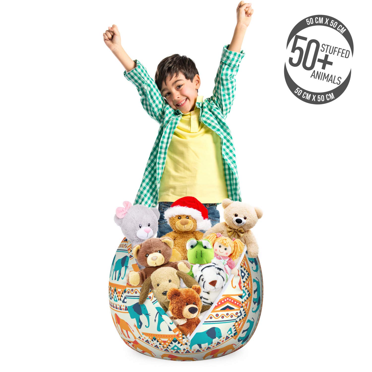 Ambesonne Ethnic Storage Toy Bag Chair - Colorful Native Geometric Elephant Design, Washable Stuffed Animal Organizer (Small, Multicolor) - Perfect for Kids' Room, Playroom & Nursery Organization