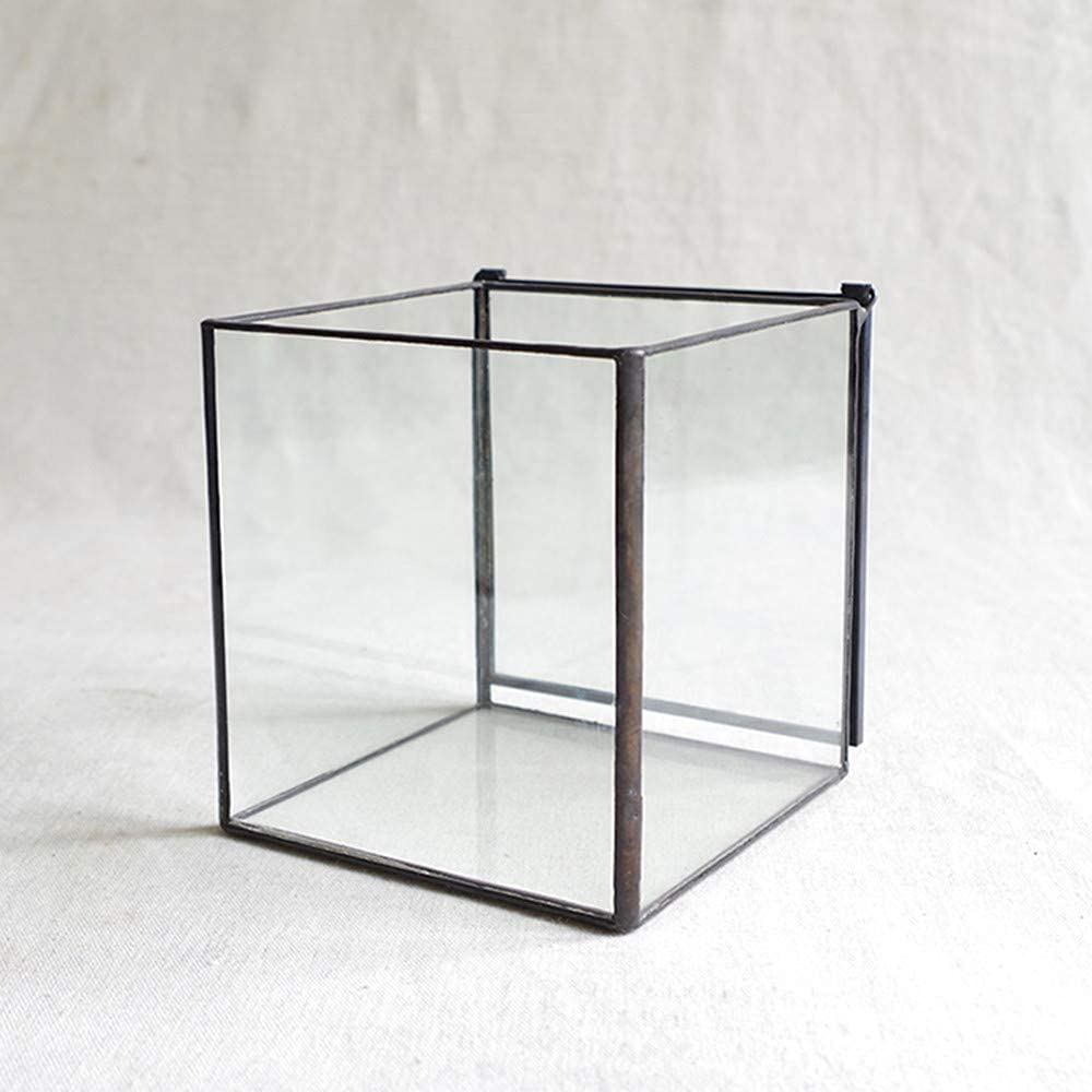 Square Glass Terrarium with Lid - 4.3x4.3x4.7 Inch Small Indoor Plant Box for Succulents, Moss & Air Plants - Handmade Geometric Tabletop Planter in Black - Perfect for Home Decor, Office Desk & Gift Ideas