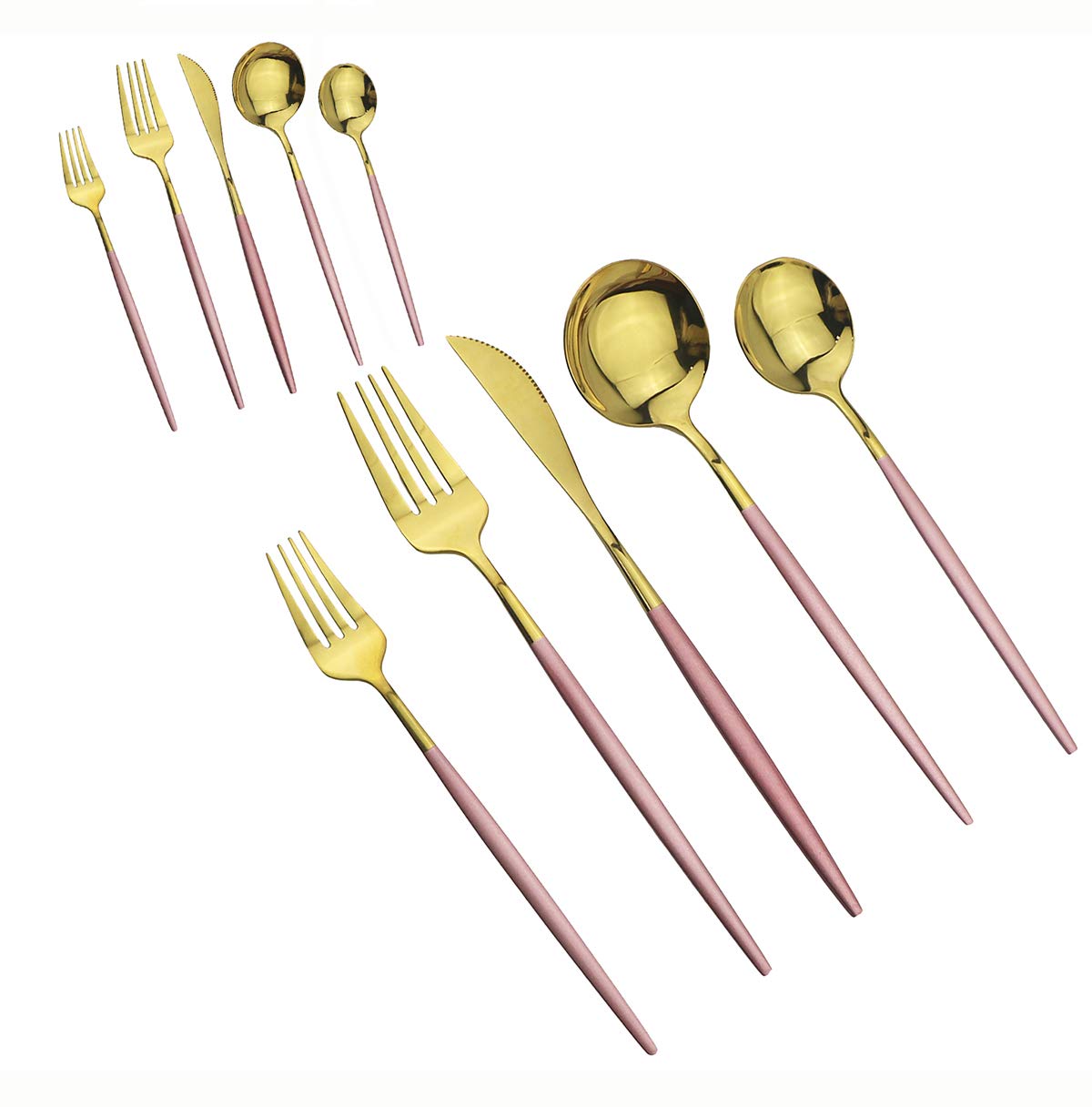 10-Piece Silverware Set – Premium 304 Stainless Steel Flatware Set with Pink Gold Handles (Forks, Spoons, Knives) – Mirror Polished Curved Design Cutlery for 2 – Elegant Tableware for Dinner Parties, Weddings & Home Dining