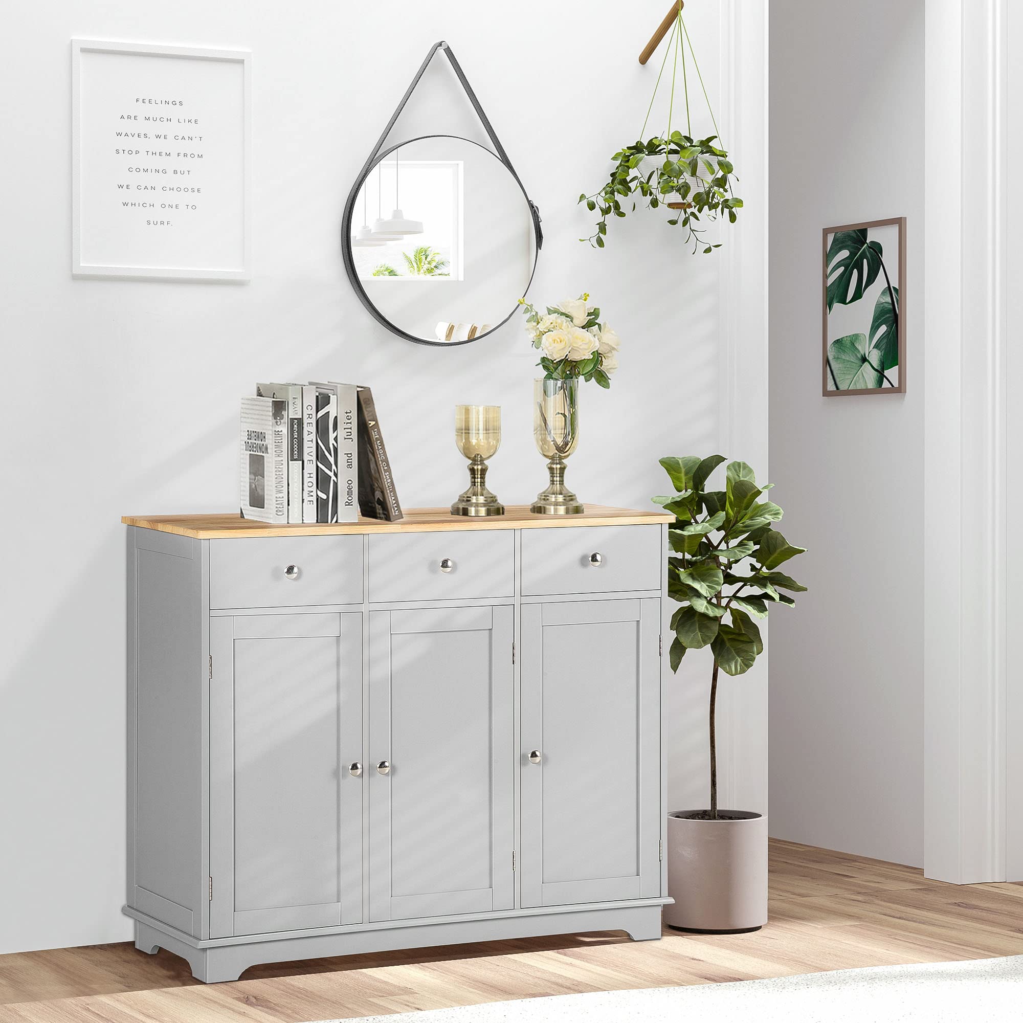 HOMCOM Modern Sideboard with Solid Wood Countertop - Kitchen Storage Cabinet & Coffee Bar with 3 Drawers, Doors & Adjustable Shelf - Gray - Perfect for Dining Room, Living Room & Home Office Organization