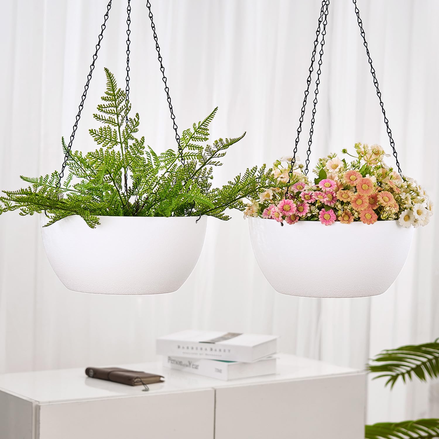 12 Inch Hanging Planters Set of 2 - White Flower Pots with Drainage Holes & Chains for Indoor Outdoor Garden - Perfect for Balcony, Patio, and Home Decor
