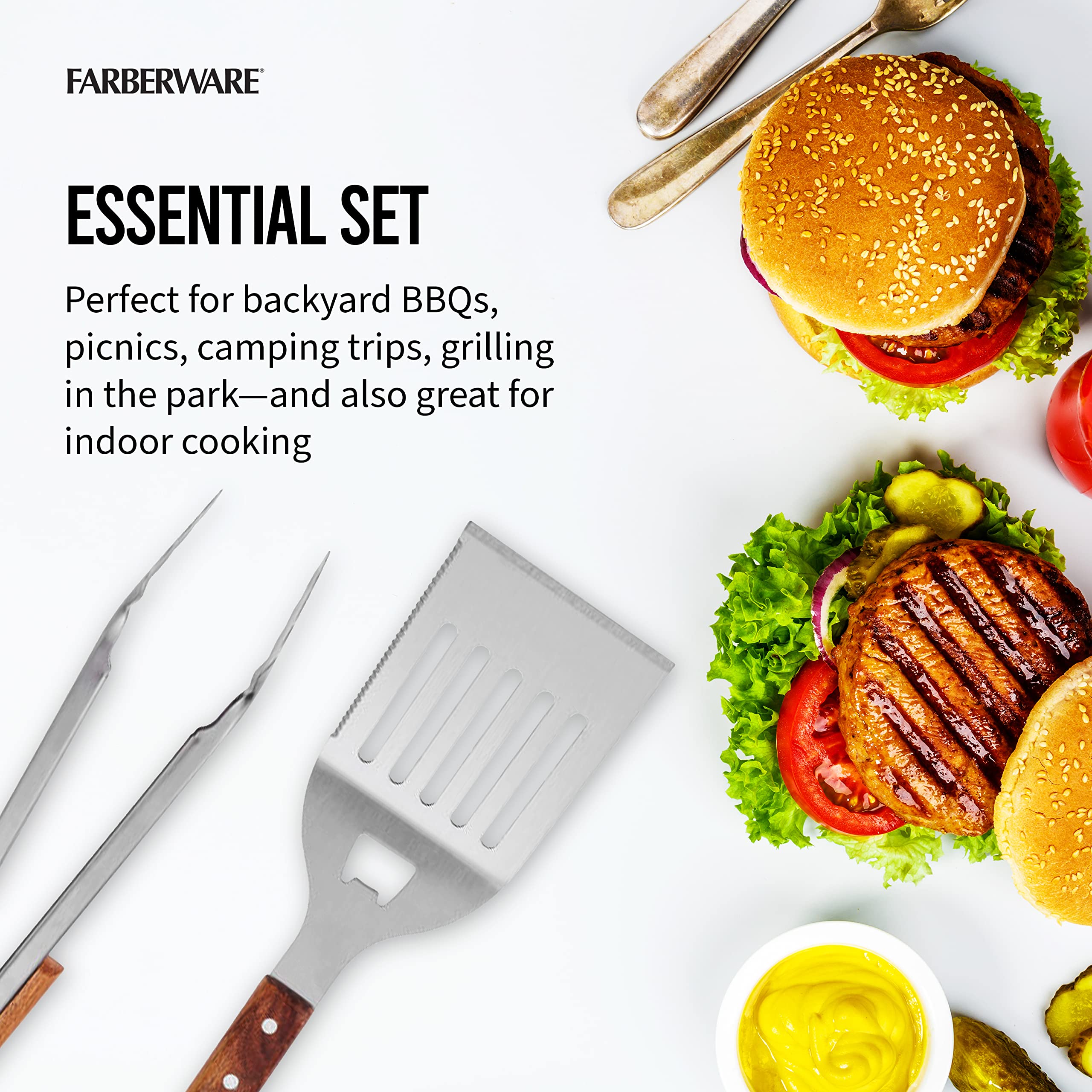 Farberware BBQ Wooden Grill Tools Set of 2 - Premium Wood Handle & Stainless Steel - Perfect for Outdoor Grilling, Backyard BBQ & Camping Cooking