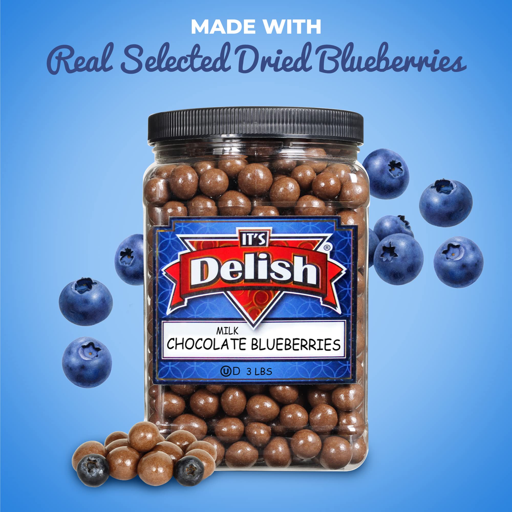 Gourmet Milk Chocolate Covered Blueberries – 3 LBS Bulk Jumbo Jar by It's Delish | Kosher Dairy Chocolate Coated Dried Fruit Snacks | Perfect for Parties, Gifts, Desserts & Healthy Snacking