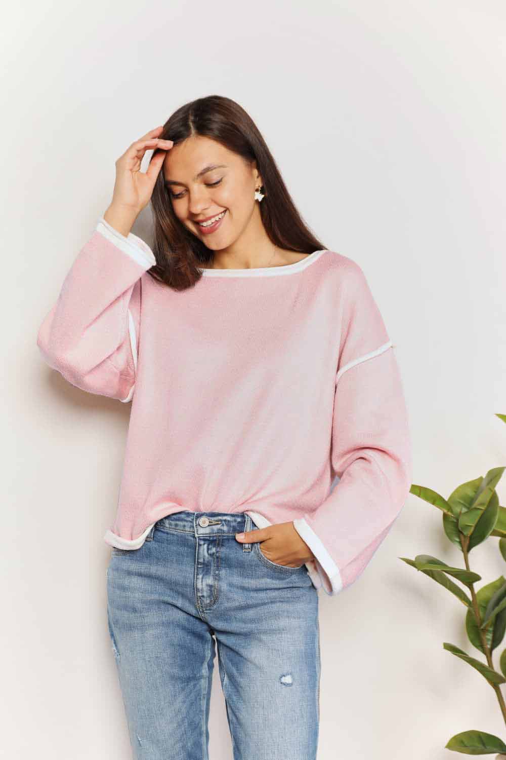Blush Pink Contrast Detail Dropped Shoulder Knit Top for Women - Casual Chic Sweater for Fall Layering & Date Night Outfits