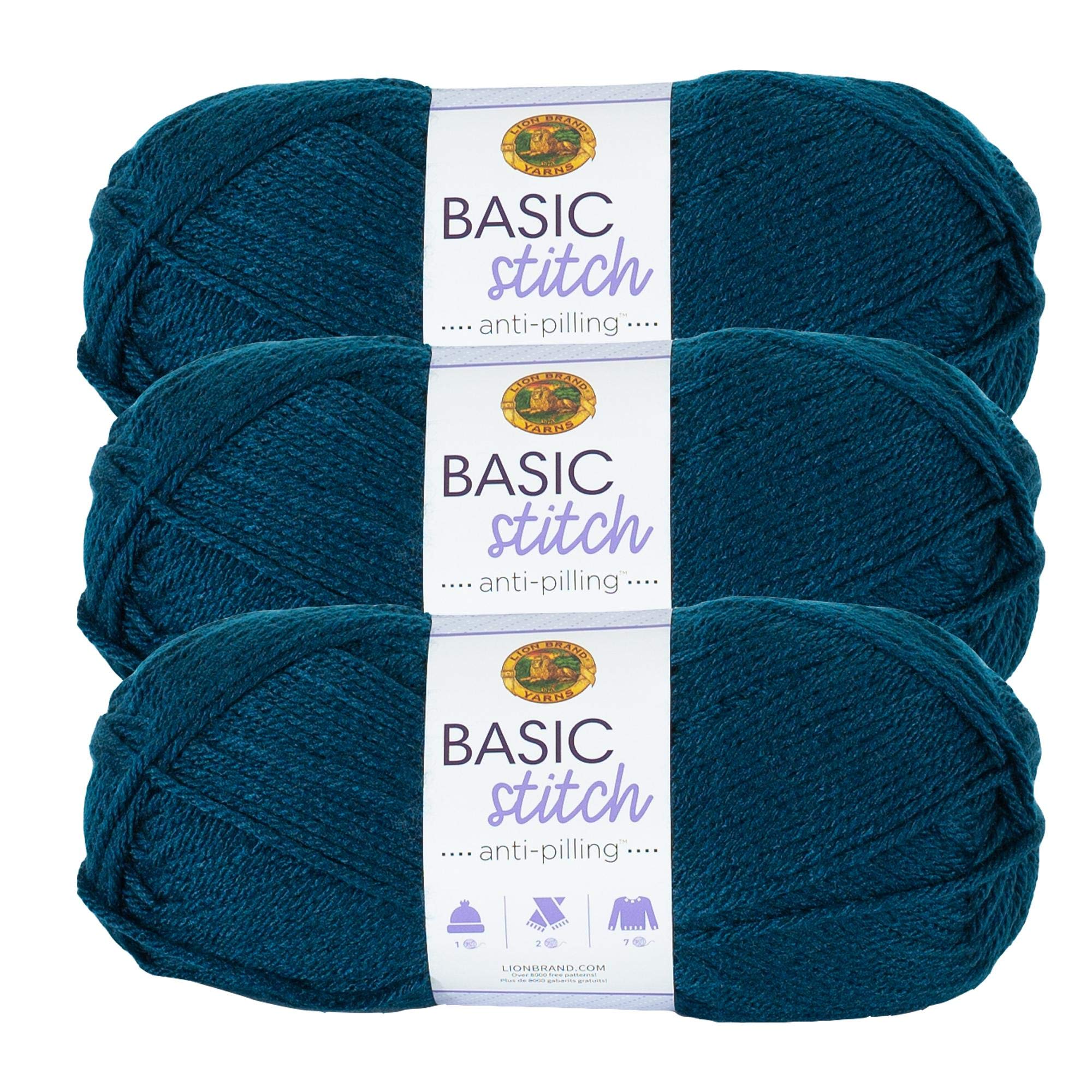 Lion Brand Yarn Basic Stitch Anti-Pilling Knitting & Crochet Yarn - 3-Pack, Steel Blue - Soft & Durable for Scarves, Blankets & Baby Clothes