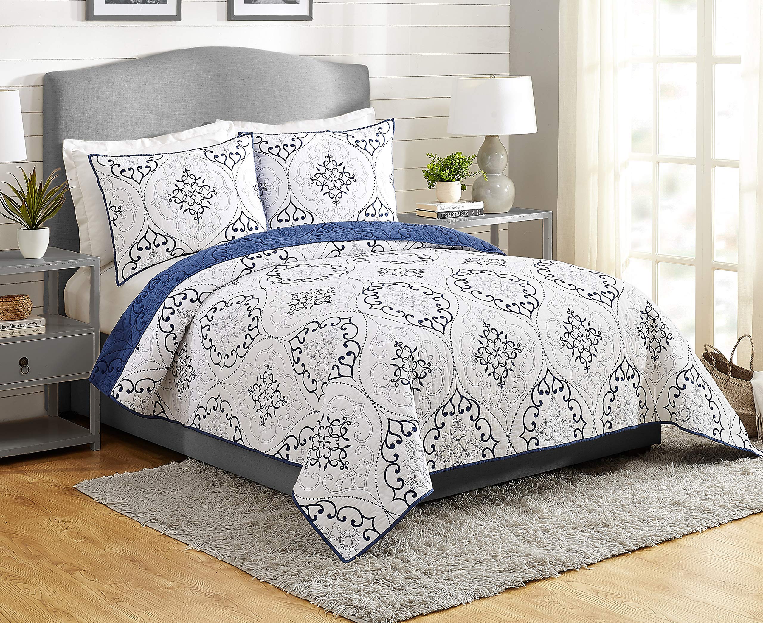 MODERN HEIRLOOM Chambers 3-Piece Quilt Set King Size - Navy Blue Luxury Bedding for Master Bedroom & Guest Room