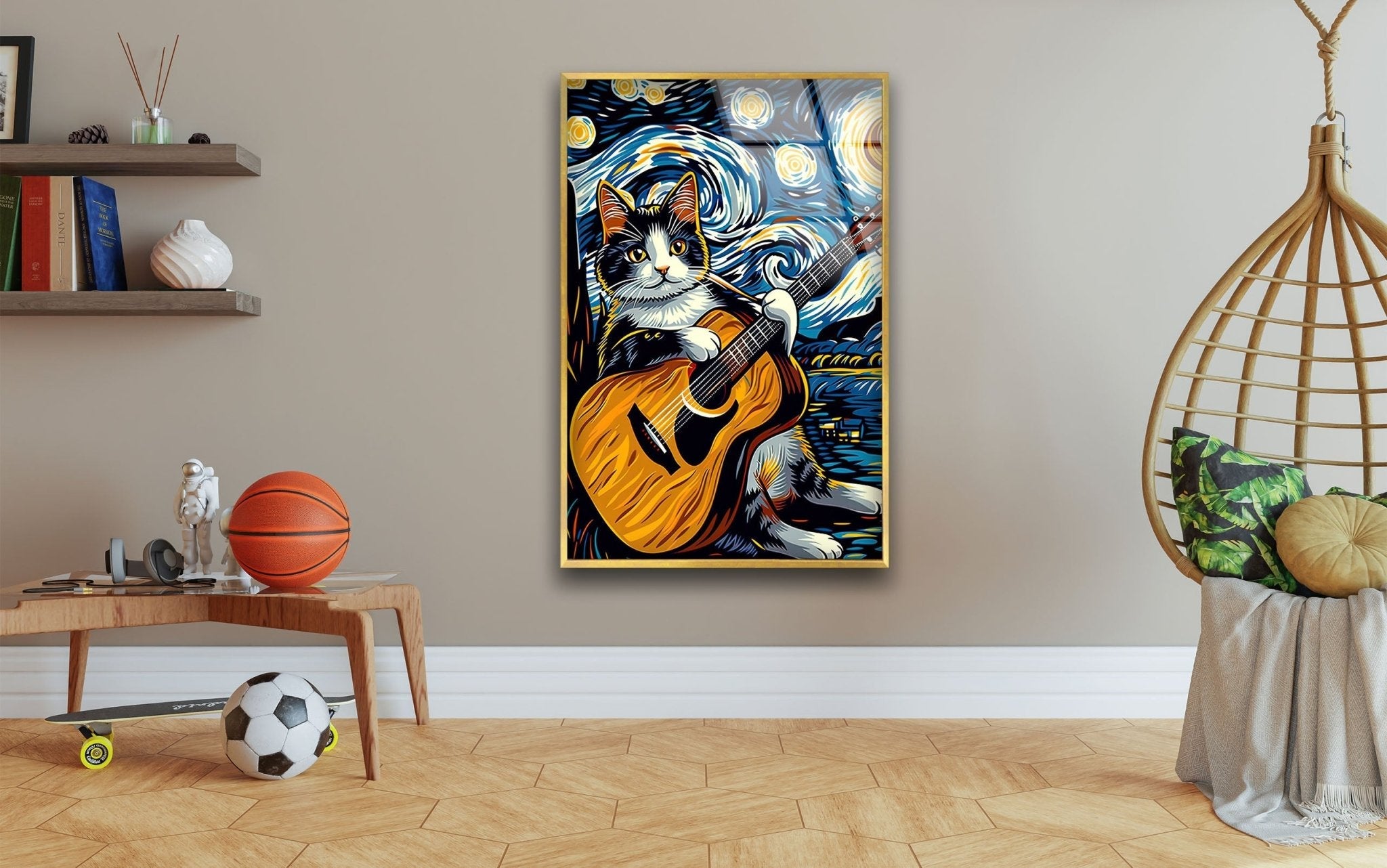 Adorable Cat Playing Guitar Glass Wall Art - Unique Home Decor for Living Room, Bedroom & Office - Perfect Gift for Cat Lovers