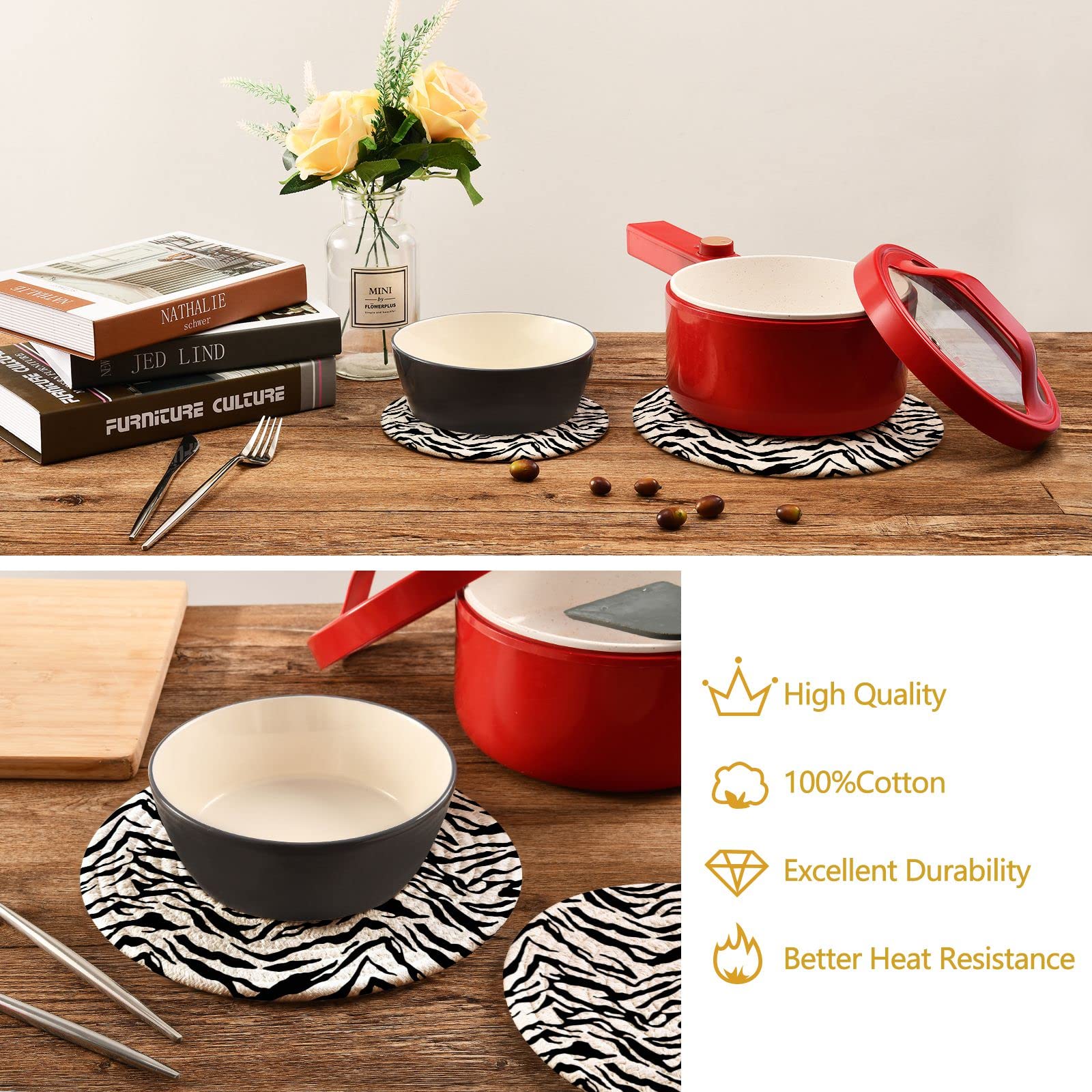 Heat Resistant Zebra Grain Summer Pot Holders & Trivets - 2 Pcs Cotton Weave Hot Pads for Pans, Bowls & Teapots | Animal Print Kitchen Decor for Dining & Entertaining