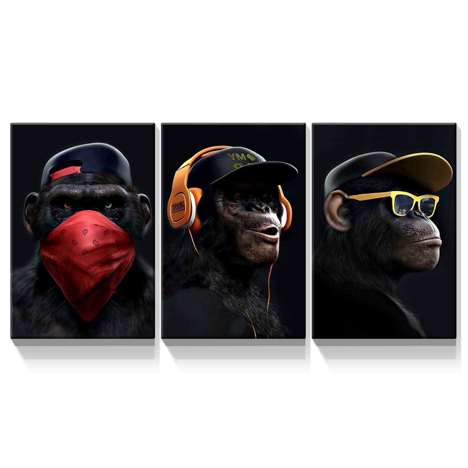 Denozer - 3 Piece Canvas Wall Art with Music Gorilla Design, Giclee Print Gallery Wrapped Ready to Hang, 24